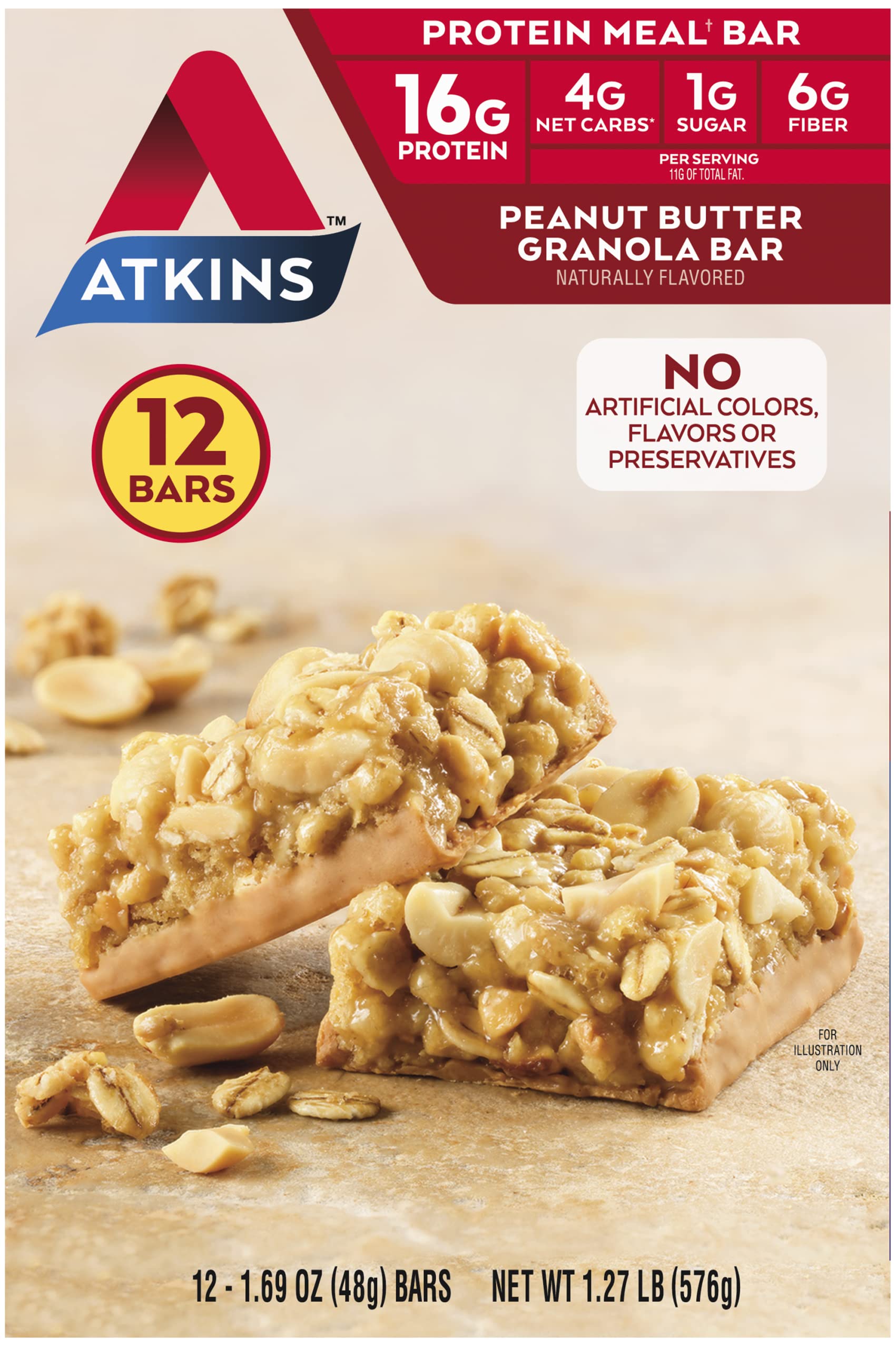 Atkins Peanut Butter Granola Protein Meal Bar, High Fiber, 16g Protein, 1g Sugar, 4g Net Carb, Meal Replacement, Keto Friendly, 12 Count