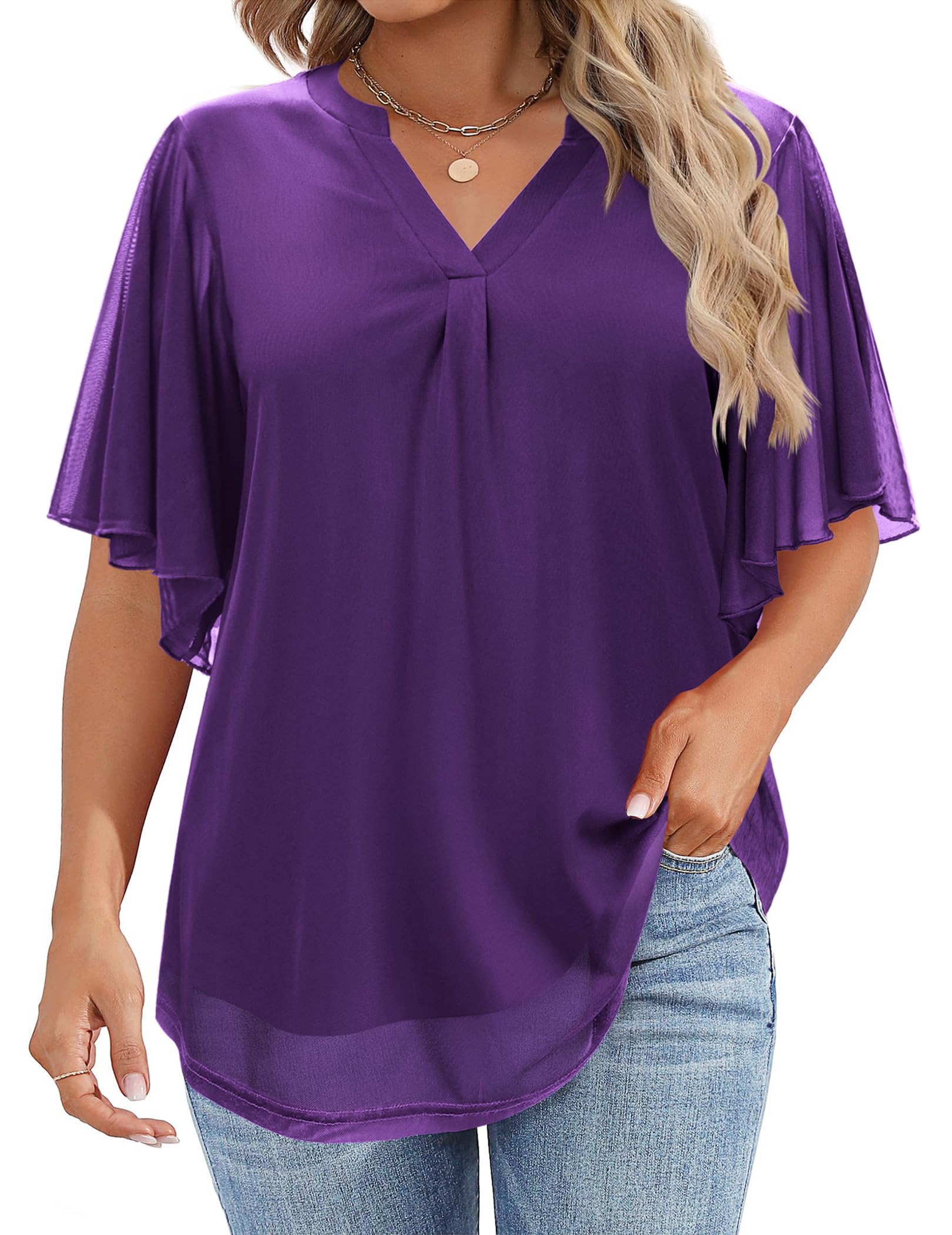 IN'VOLAND Women's Plus Size Blouses Short Sleeve Floral Double Layers Mesh V Neck Tunic Tops Dressy Flowy Stretchy Shirts Purple 16W