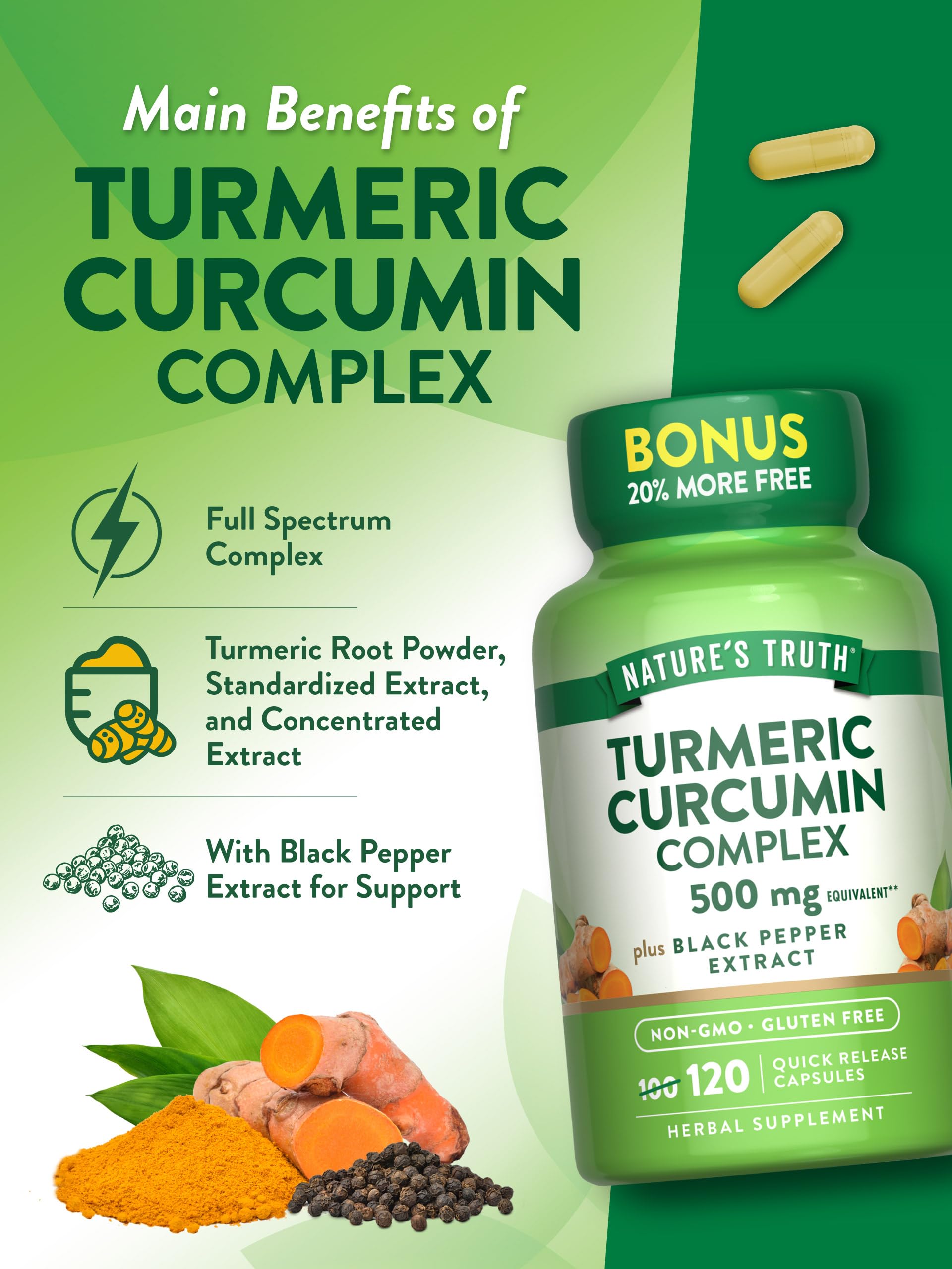 Nature's Truth Turmeric Curcumin 500mg | 120 Capsules | with Black Pepper Extract | Non-GMO and Gluten Free Supplement
