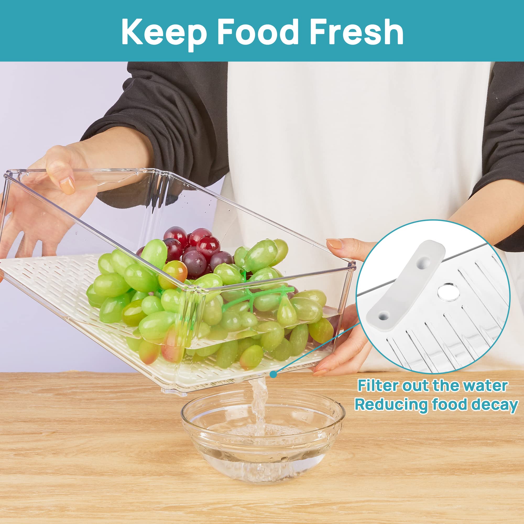 Vtopmart Set of 7 Fridge Organizer, Stackable Fruit Storage Containers for Fridge with lids, BPA-Free Refrigerator Organizer Bins with Drain Tray for Vegetables, Fruits, Food, Drinks