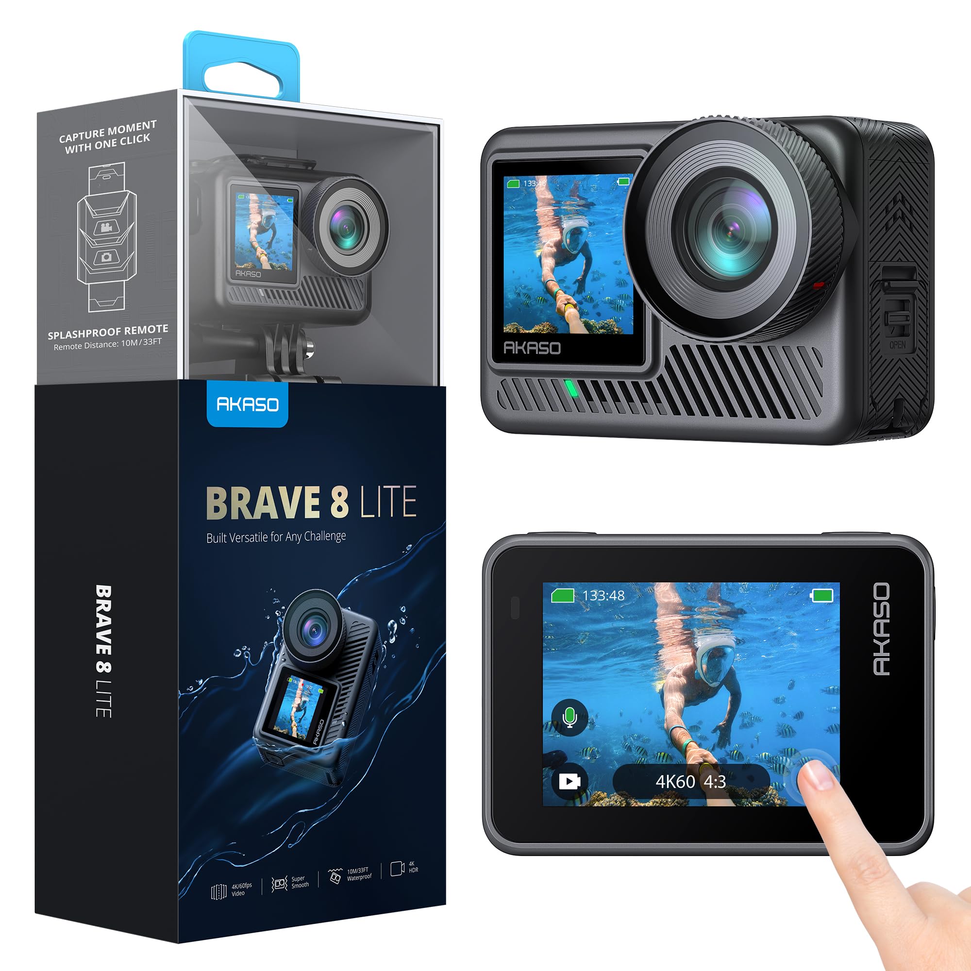 AKASO Brave 8 Lite Waterproof Action Camera with 4K60 Ultra HD Video, 20MP Photos, HDR, Touch Screen, SuperSmooth Stabilization, 8X Slow Motion, ZOOM, Super Wide Angle, Remote Control and Accessories