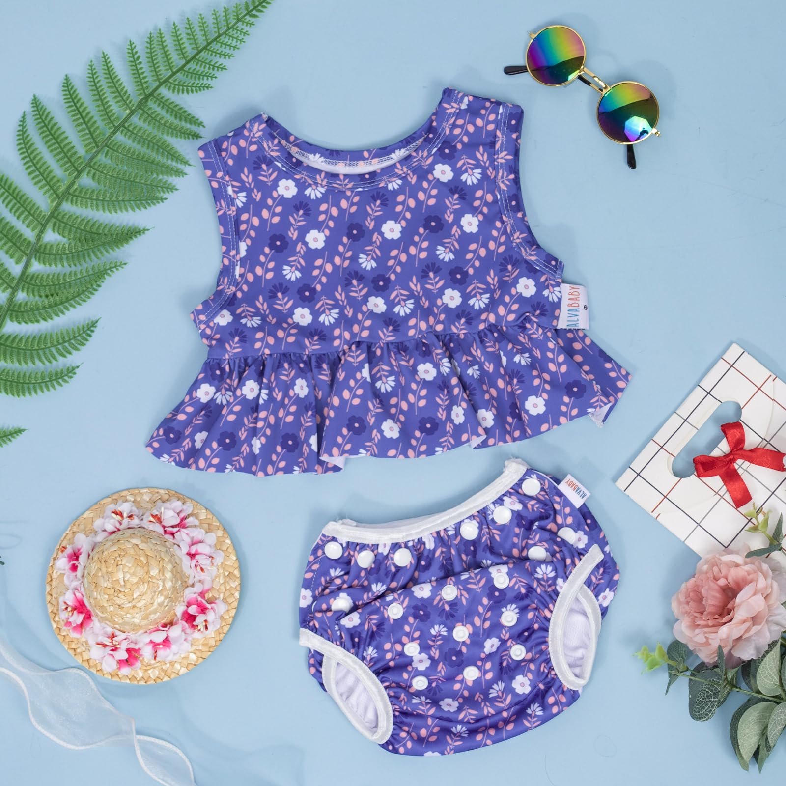 ALVABABY Reusable Swim Diaper with Matching Top, Adjustable for 0-2 Years Toddler Baby Girl Swimsuit Infant Bathing Sleeveless Tankini Swimwear SWT07