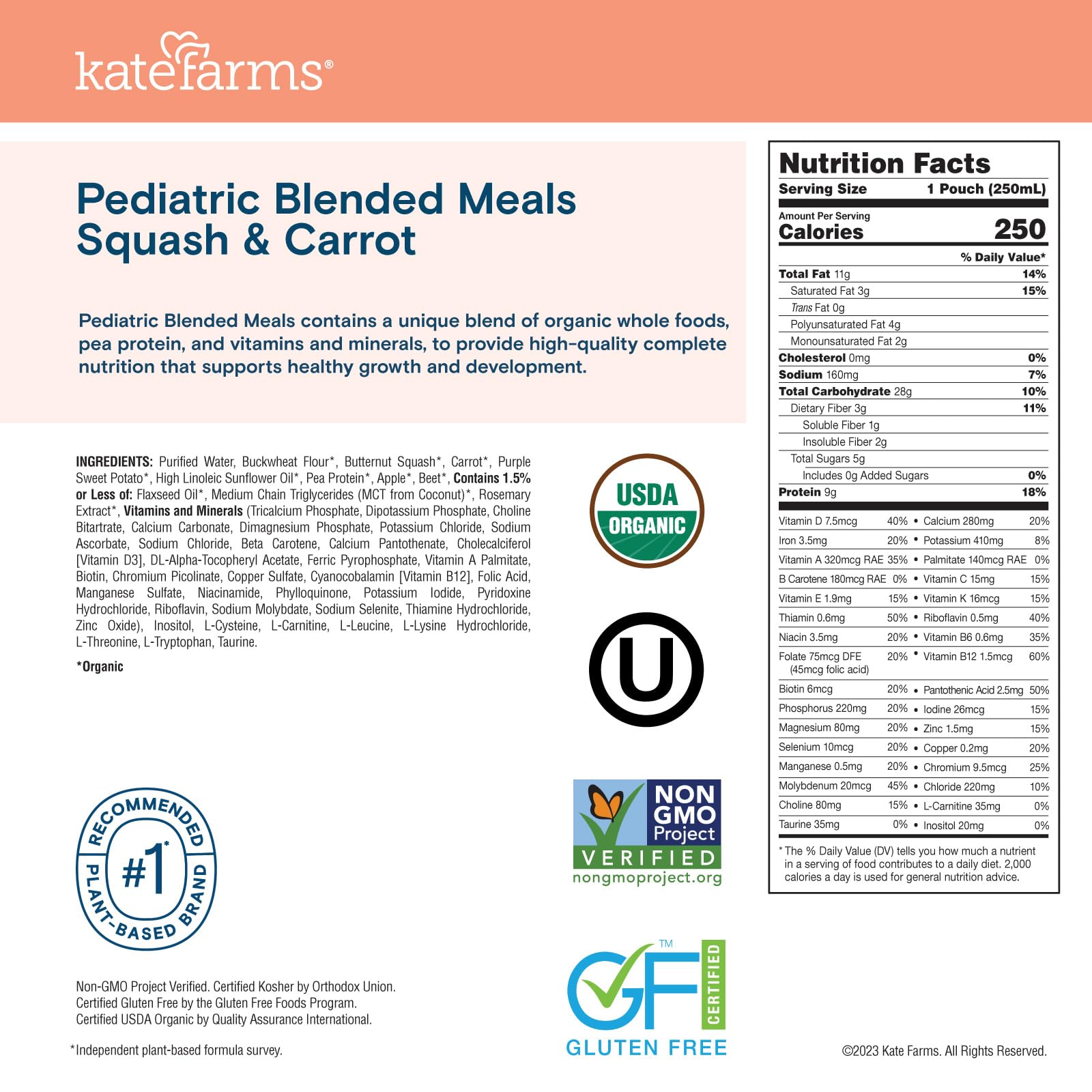 KATE FARMS Organic Pediatric Blended Meal, Squash and Carrot, 8g protein, organic whole foods, oral or tube feed nutrition, Gluten Free, Non-GMO, 8.45 oz (12 Pack)