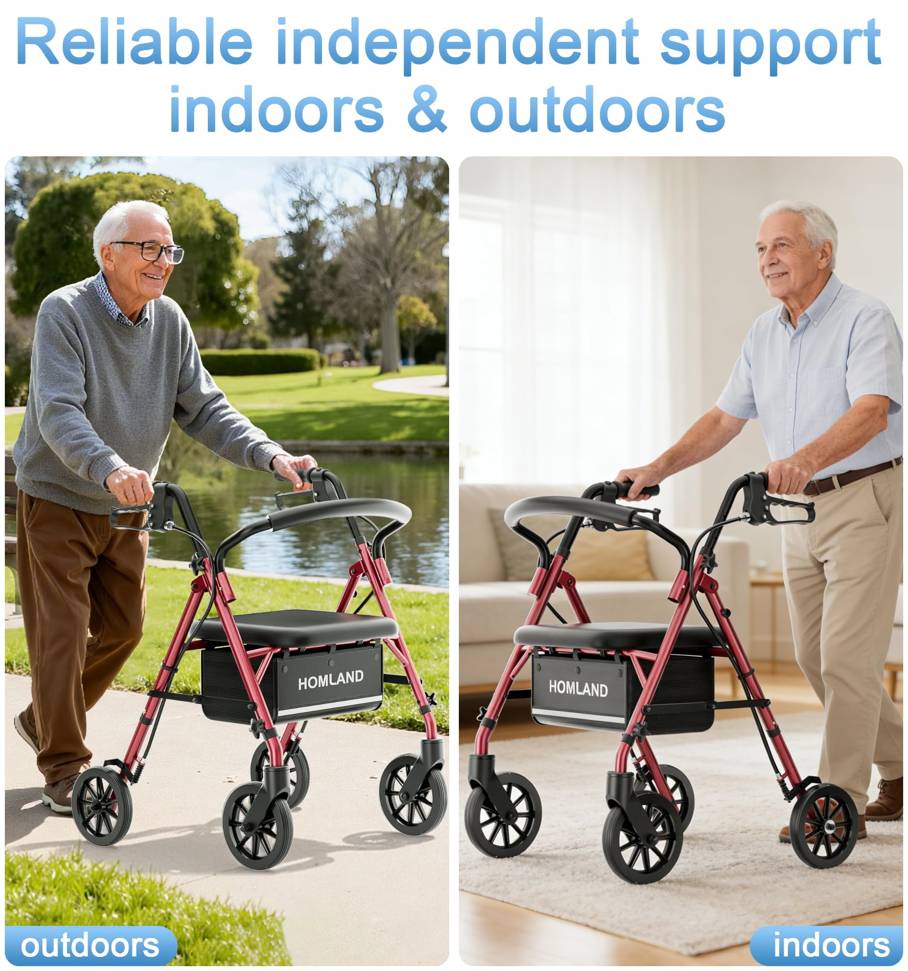 16 Pounds Lightweight Walkers for Seniors with Seat, Narrow Rolling Walker with 4 Puncture-Resistant Wheels, 5-Level Height Adjustable, 300 lbs Weight Capacity (Red)
