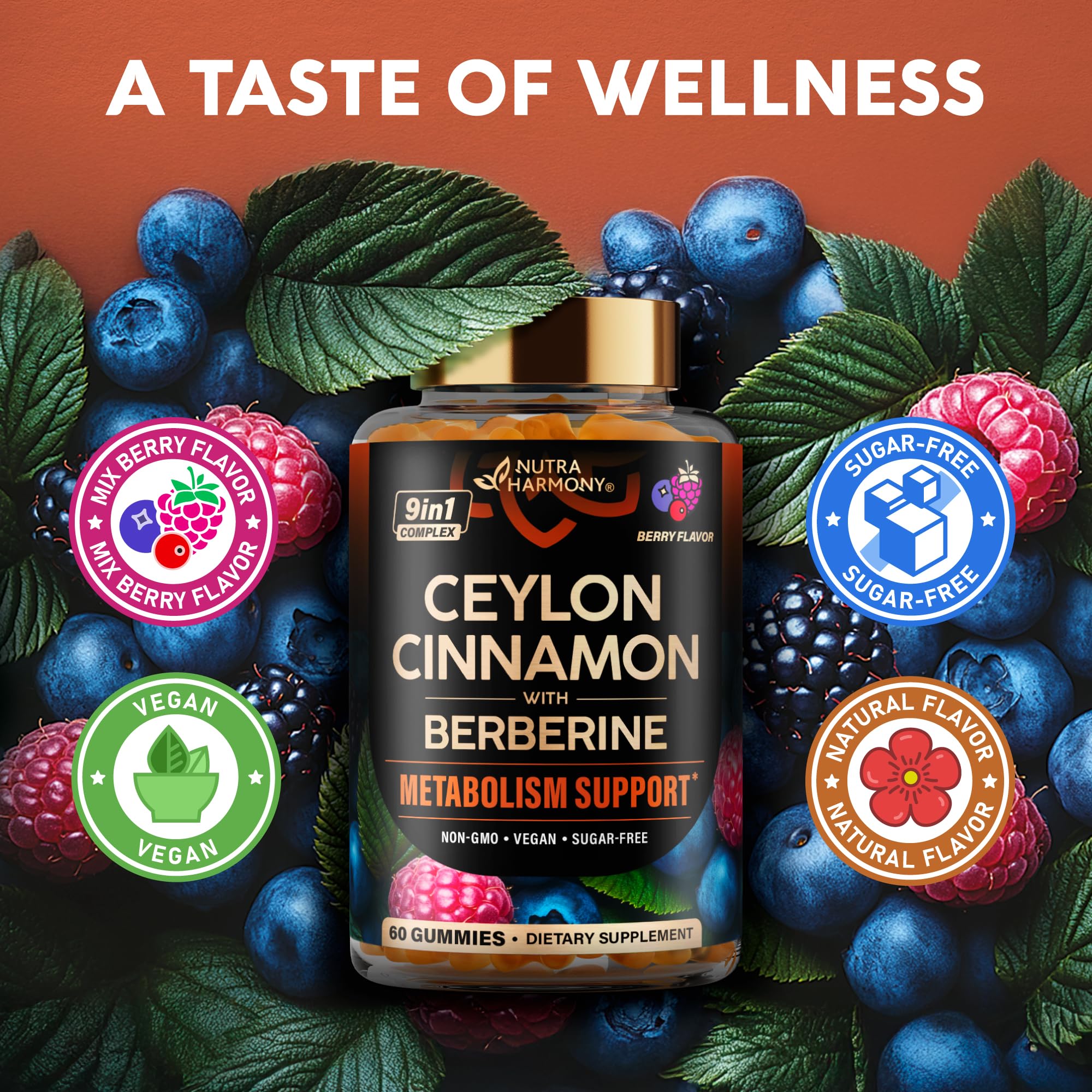 Ceylon Cinnamon Gummies 2000 mg - Berberine | Turmeric | Ashwagandha | Bitter Melon | Psyllium - Metabolism, Energy & Heart Support for Men & Women - Sugar-Free, Natural Berry Flavor - 60 Gummies