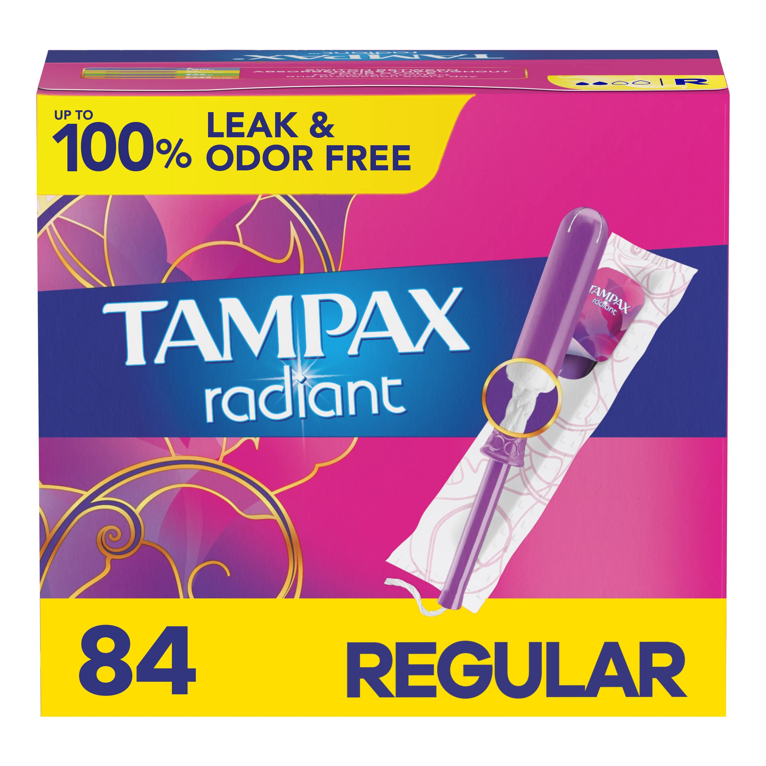 Tampax Radiant Tampons, Regular Absorbency, With Leakguard Braid, Unscented, 84 Count