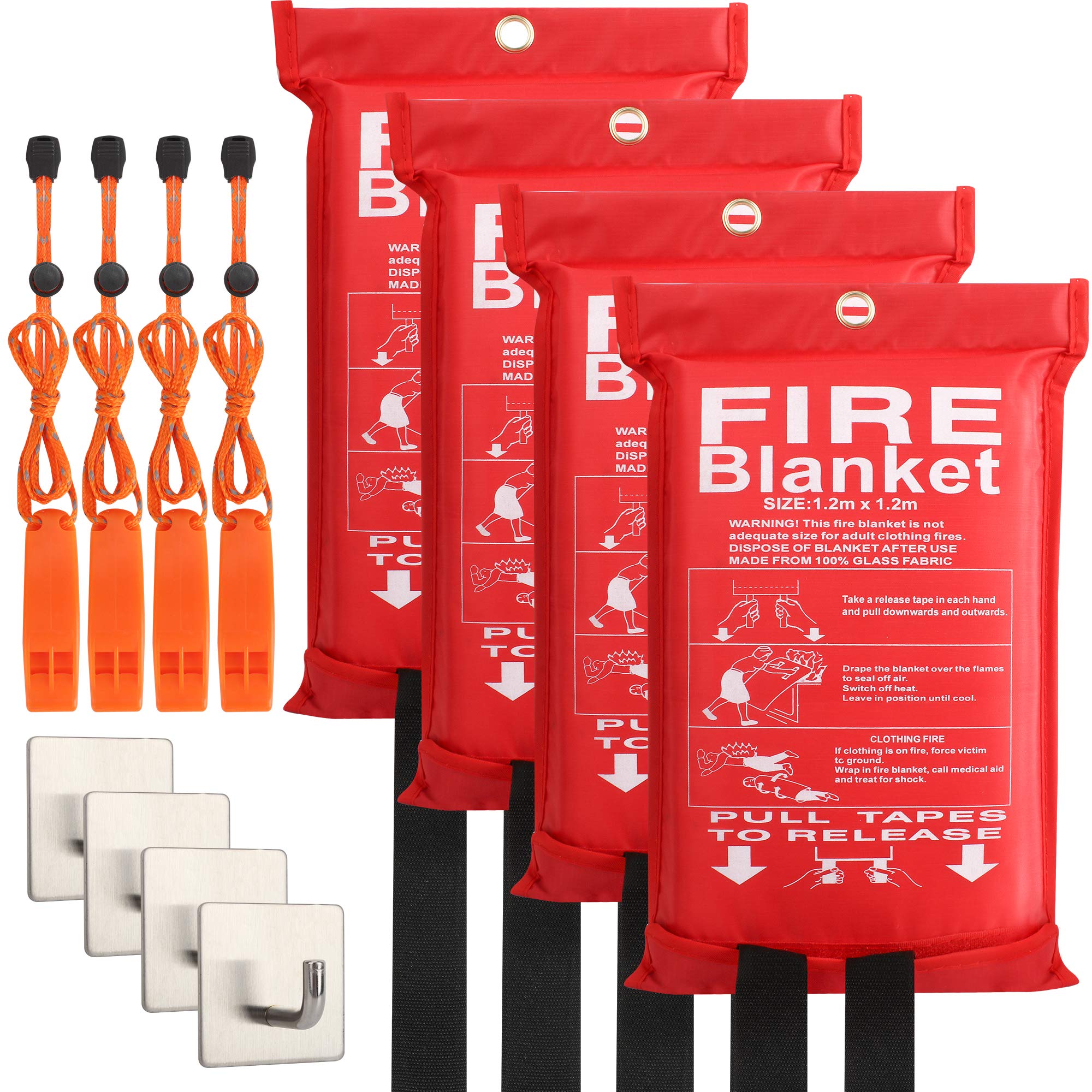 4-Pack Fire Blanket - XX-Large Fiberglass Fire Blanket Fire Suppression Blanket - Fire Blankets Emergency for People - Fire Safety Blanket with Emergency Whistles - Fireblanket for Kitchen, Home