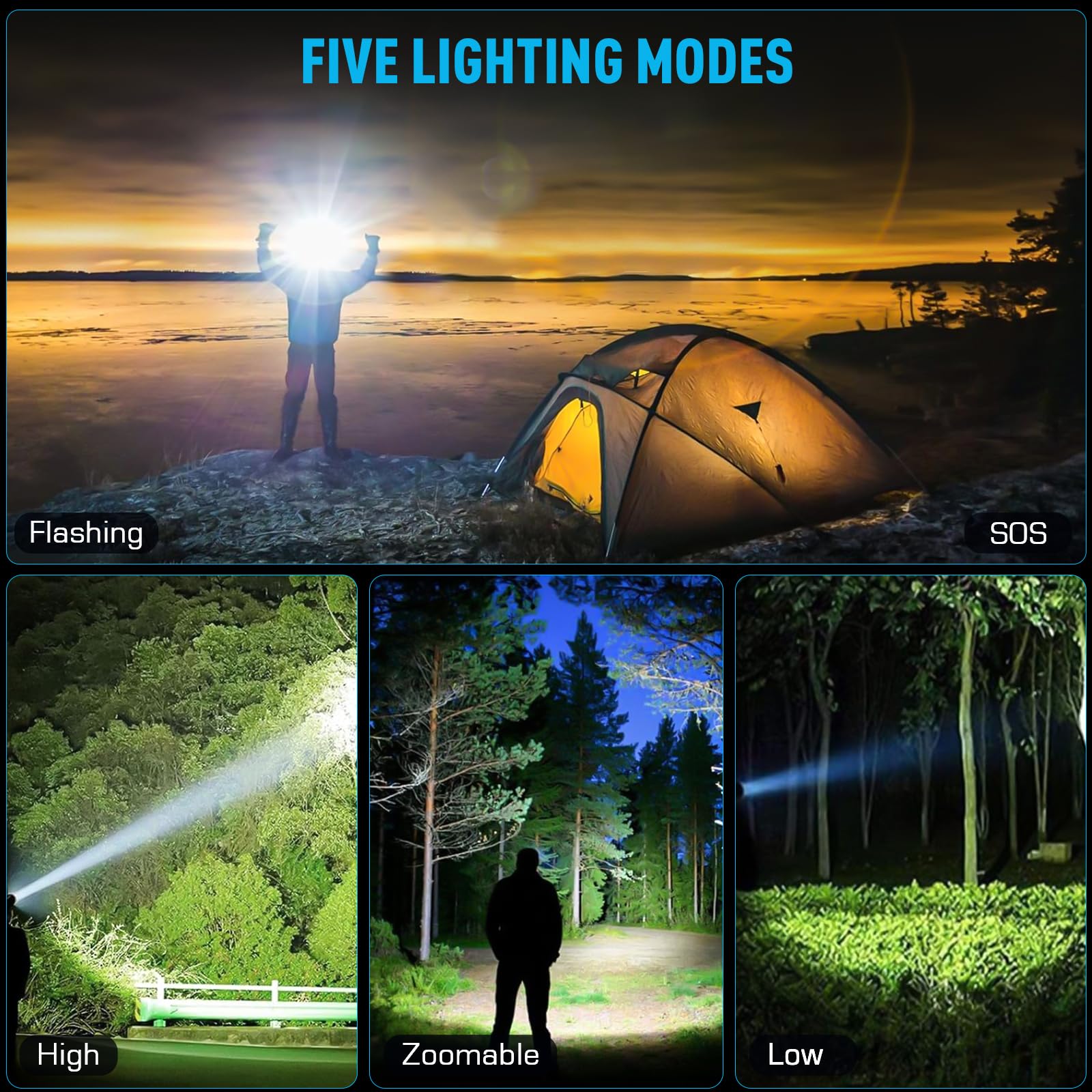 AMAKER LED Rechargeable Headlamp, 900000 Lumens Super Bright with 5 Modes & IPX7 Level Waterproof USB Rechargeable Zoom Headlight, 90° Adjustable for Outdoor Camping, Running, Cycling, Climbing