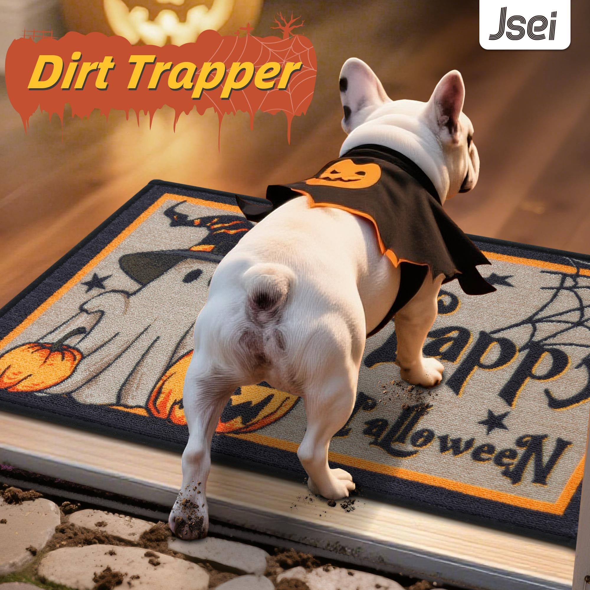 JSEI Halloween Holiday Doormat, 17''x30'' Non-Slip Ghost and Pumpkins Decorative Welcome Mats for Floor, Low-Profile Entryway Rugs Washable, Cute Ghost Pattern