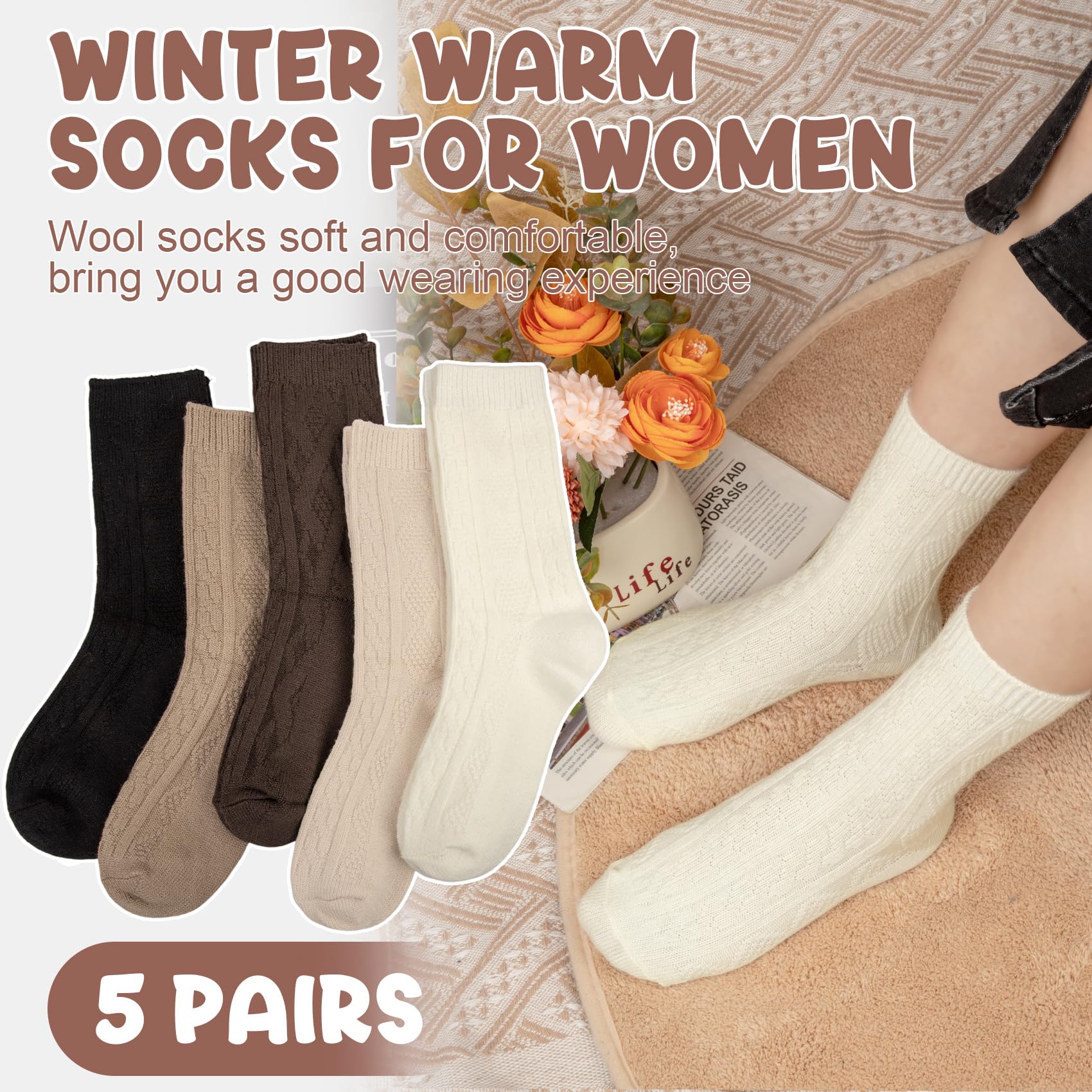 Justay 5 Pairs Womens Wool Socks Thick Warm Winter Socks Casual Cozy Socks Vintage Knit Crew Socks Gift for Women