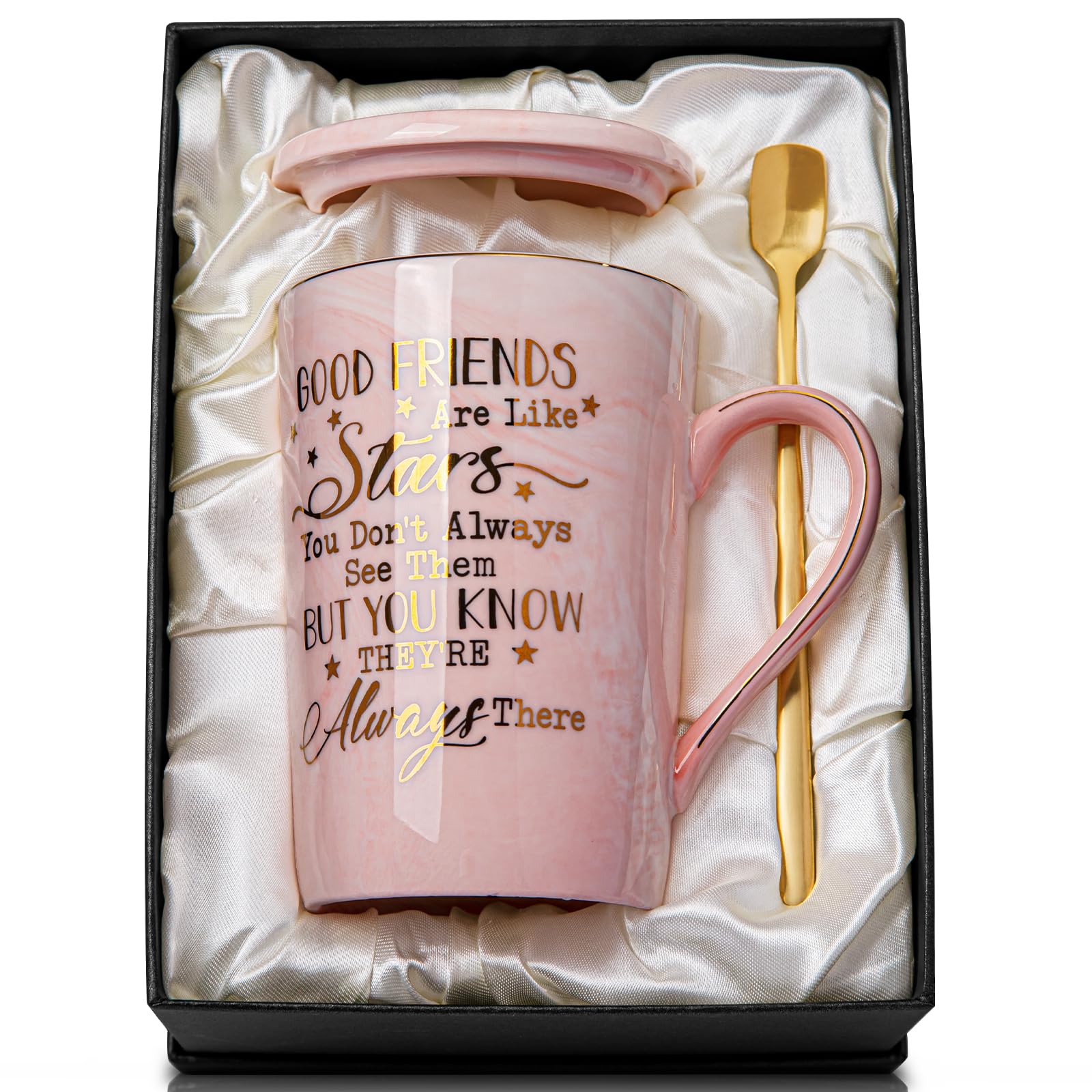 Best Friends, Friendship Gifts for Women Birthday Christmas Gifts for Women Unique Birthday Gifts Ideas for Her, Friends Female, Besties, BFF Ceramic Marble Coffee Mug Gift Box Printed Gold 14 oz Pink