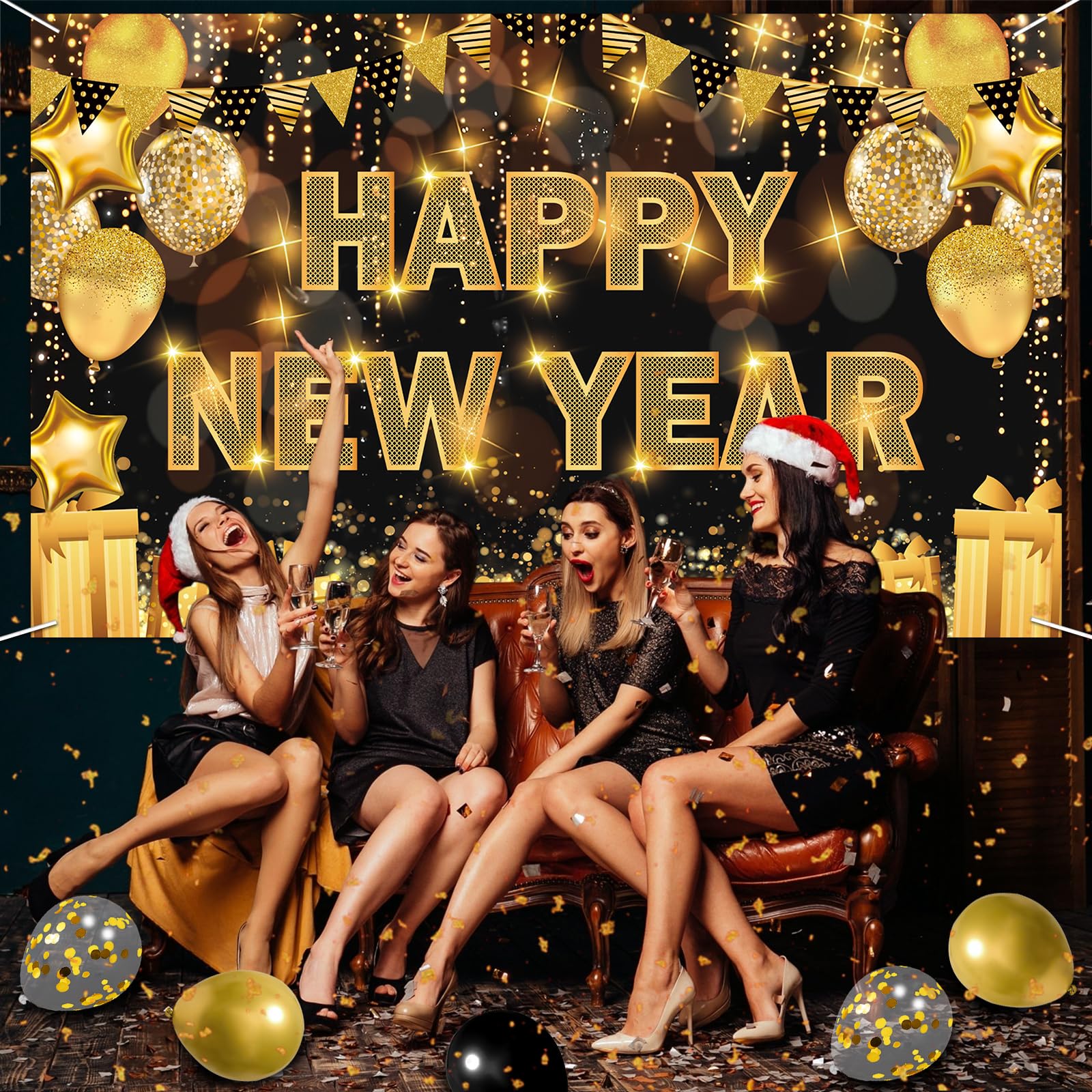 Happy New Year Decorations 2025, 71 * 44IN Happy New Year Banner 2025 Happy New Year Backdrop Party Supplies for Black and Gold New Years Eve Party Decorations 2025