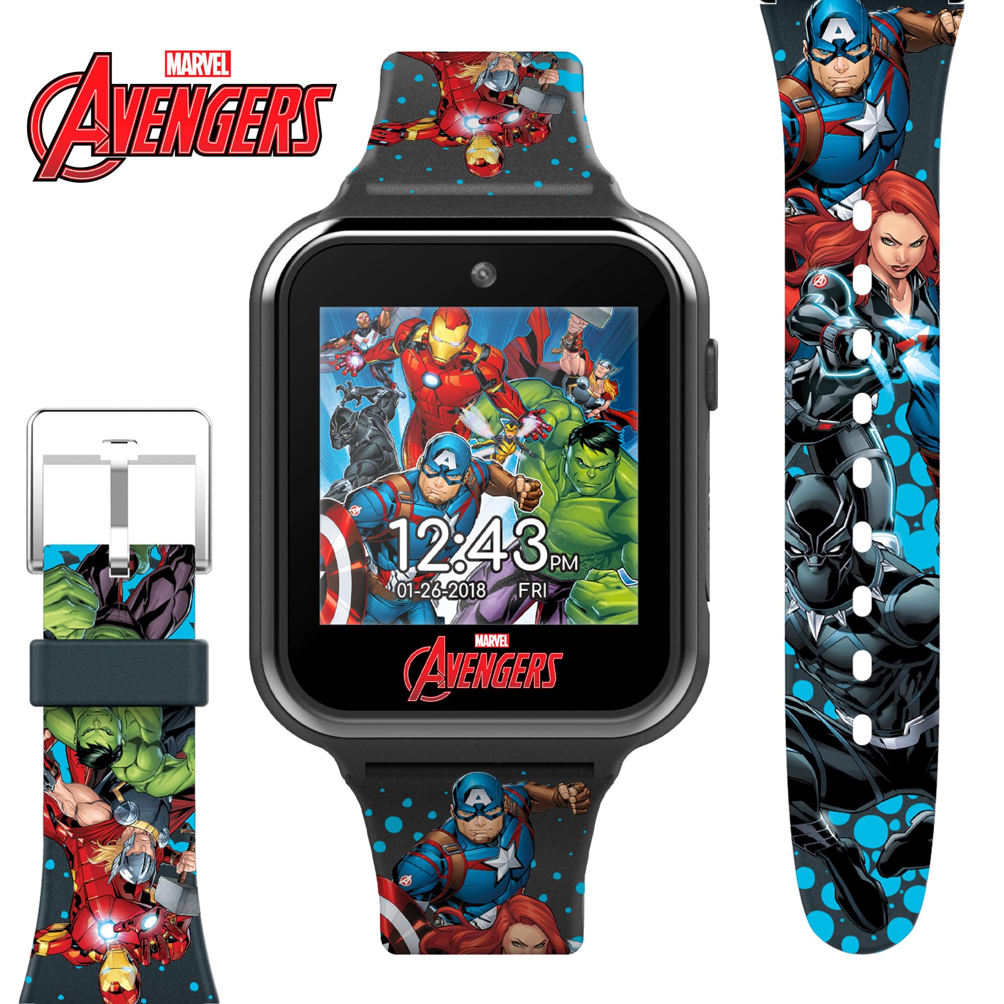 Accutime Kids Marvel Avengers Black Educational Touchscreen Smart Watch Toy for Girls, Boys, Toddlers - Selfie Cam, Learning Games, Alarm, Calculator, Pedometer and more (Model: AVG4597AZ)
