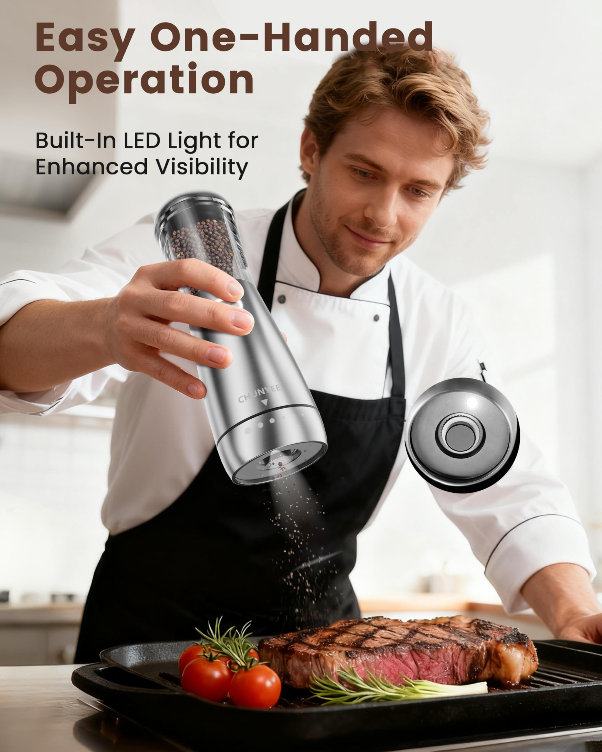 Electric Salt and Pepper Grinder Set - Automatic Stainless Steel Rechargeable Salt and Pepper Grinder Set with Storage Base, Large Capacity, LED Light & Adjustable Coarseness, Ideal Kitchen Gadget