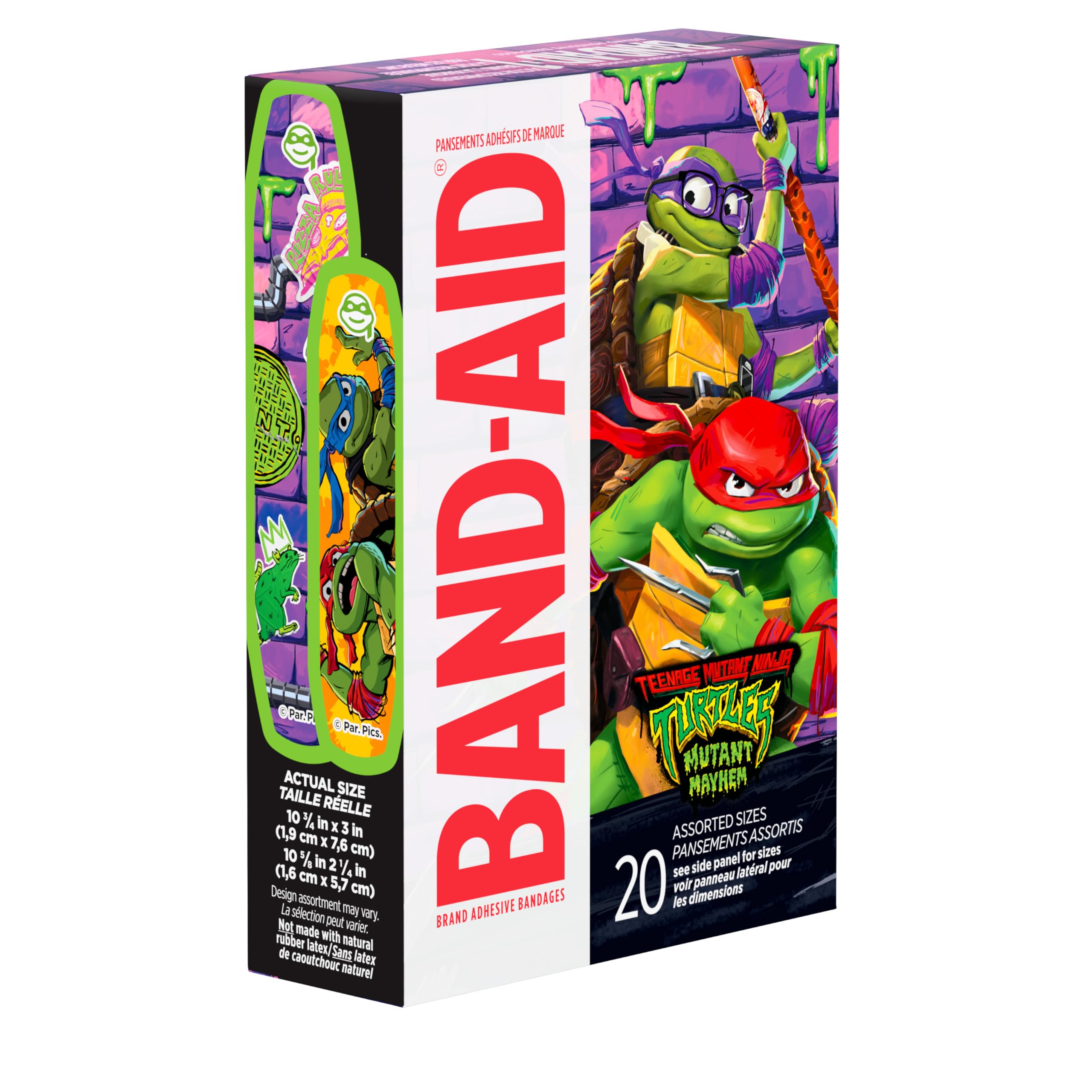 Band-Aid Brand Adhesive First Aid Bandages for Minor Cuts & Scrapes, Wound Care Featuring Nickelodeon TMNT Characters, Fun Bandages for Kids & Toddlers, Sterile, Assorted Sizes, 20 Ct