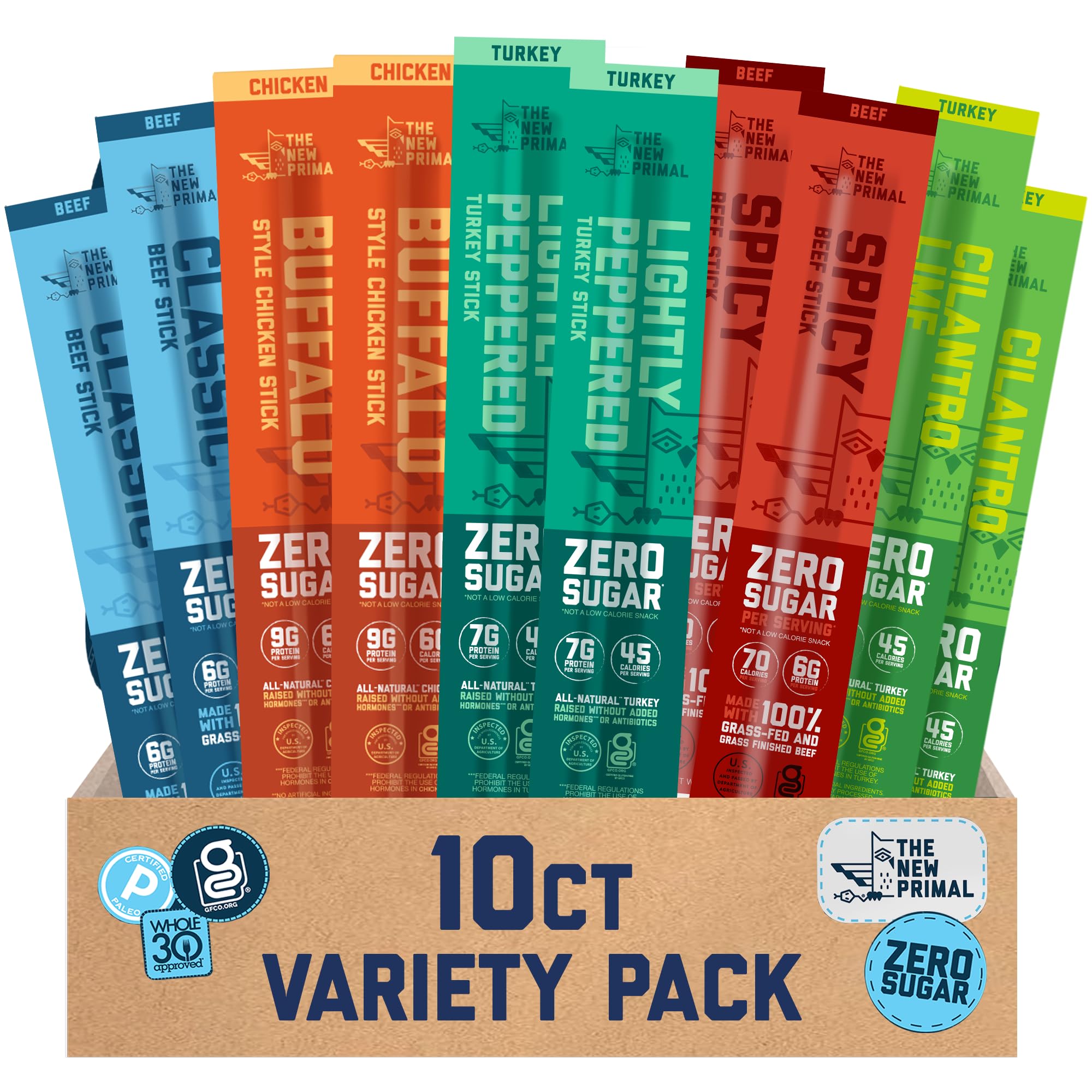 The New Primal, Meat Stick Sampler, Whole30 Approved, Paleo, Keto, Certified Gluten Free, Low Carb, High Protein Snack, Pantry Snacks, Sugar Free, Grass-fed Beef, 1 Oz Sticks (10 Sticks Total)