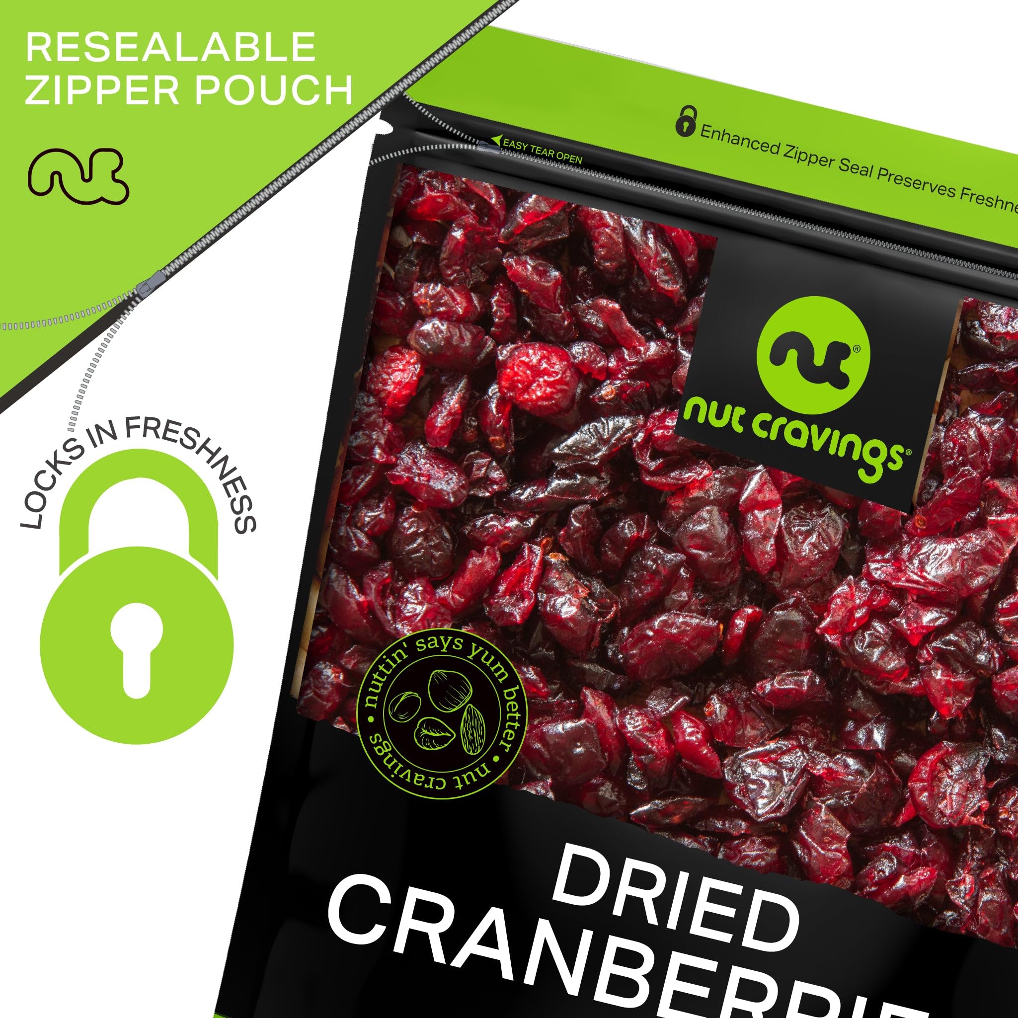 NUT CRAVINGS Dry Fruits - Sun Dried Whole Cranberries, Lightly Sweetened (32oz - 2 LB) Packed Fresh in Resealable Bag - Sweet Snack, Healthy Food, All Natural, Vegan, Kosher Certified