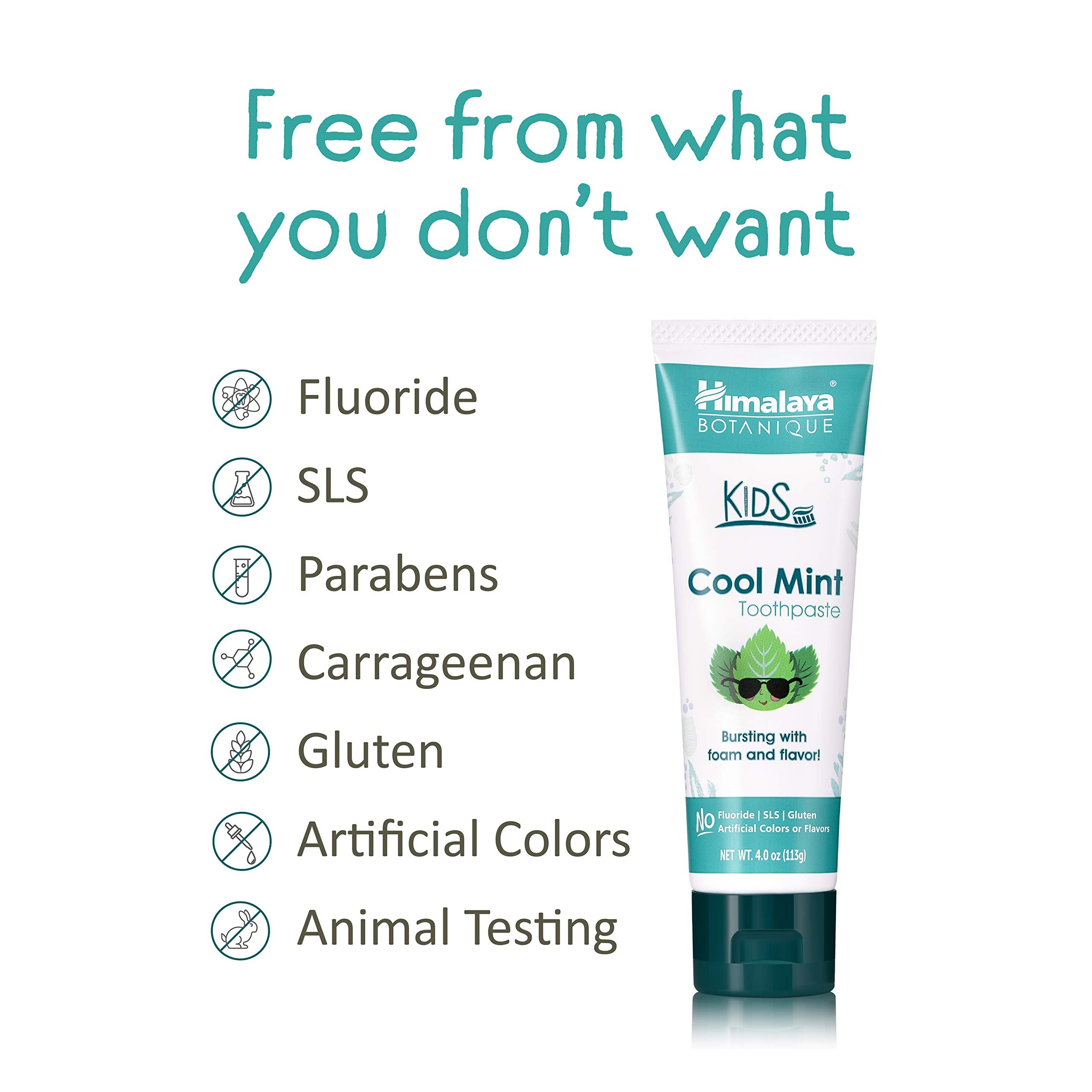 Himalaya Botanique Kids Toothpaste, Cool Mint, Fluoride-Free, Gentle, No Artificial Colors, SLS Free, Gluten Free, Cruelty Free, Vegan, Foaming, 4 Oz, 1 Pack…