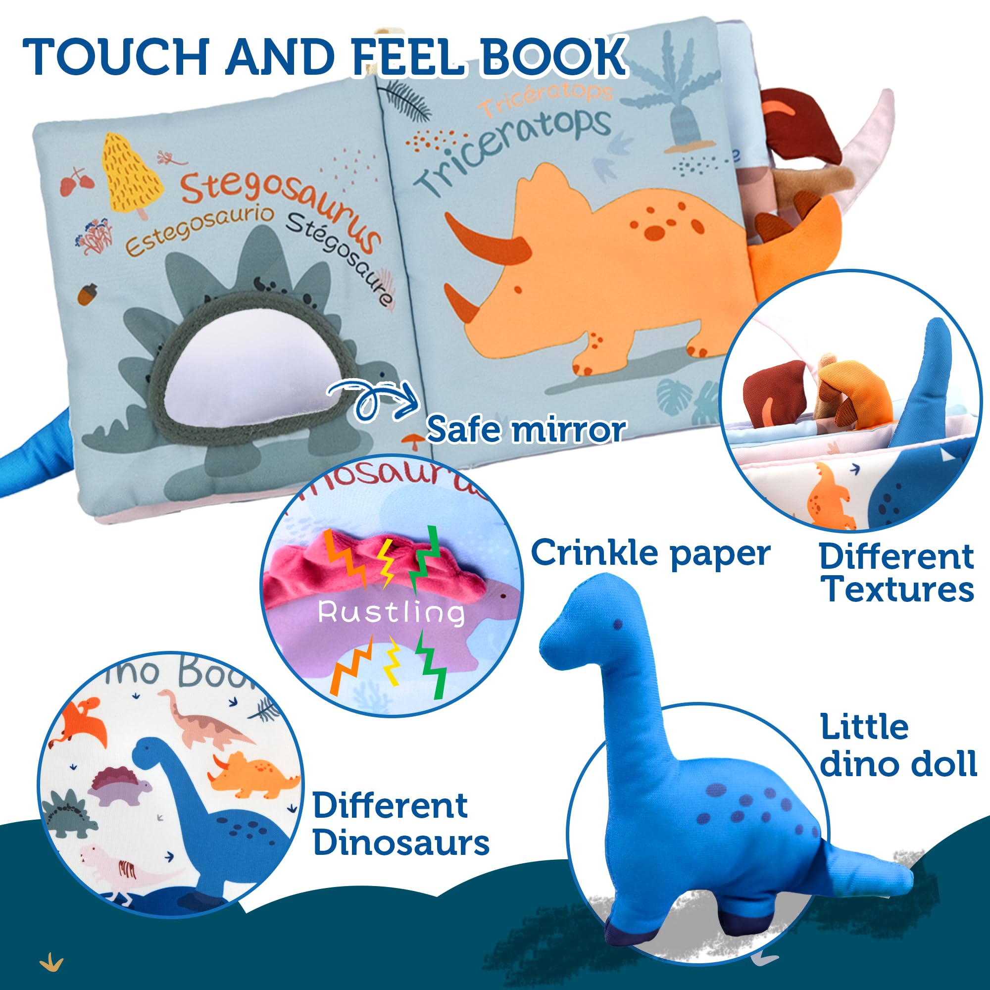 Richgv Baby Books Toys 0-6-12 Months, Baby Boy Girl Gifts Toys 0-6-12 Touch and Feel 3D Books with Dino Doll, Newborn Infant Carseat Toys Teething Toys Christmas Stocking Stuffers for Boys Girls