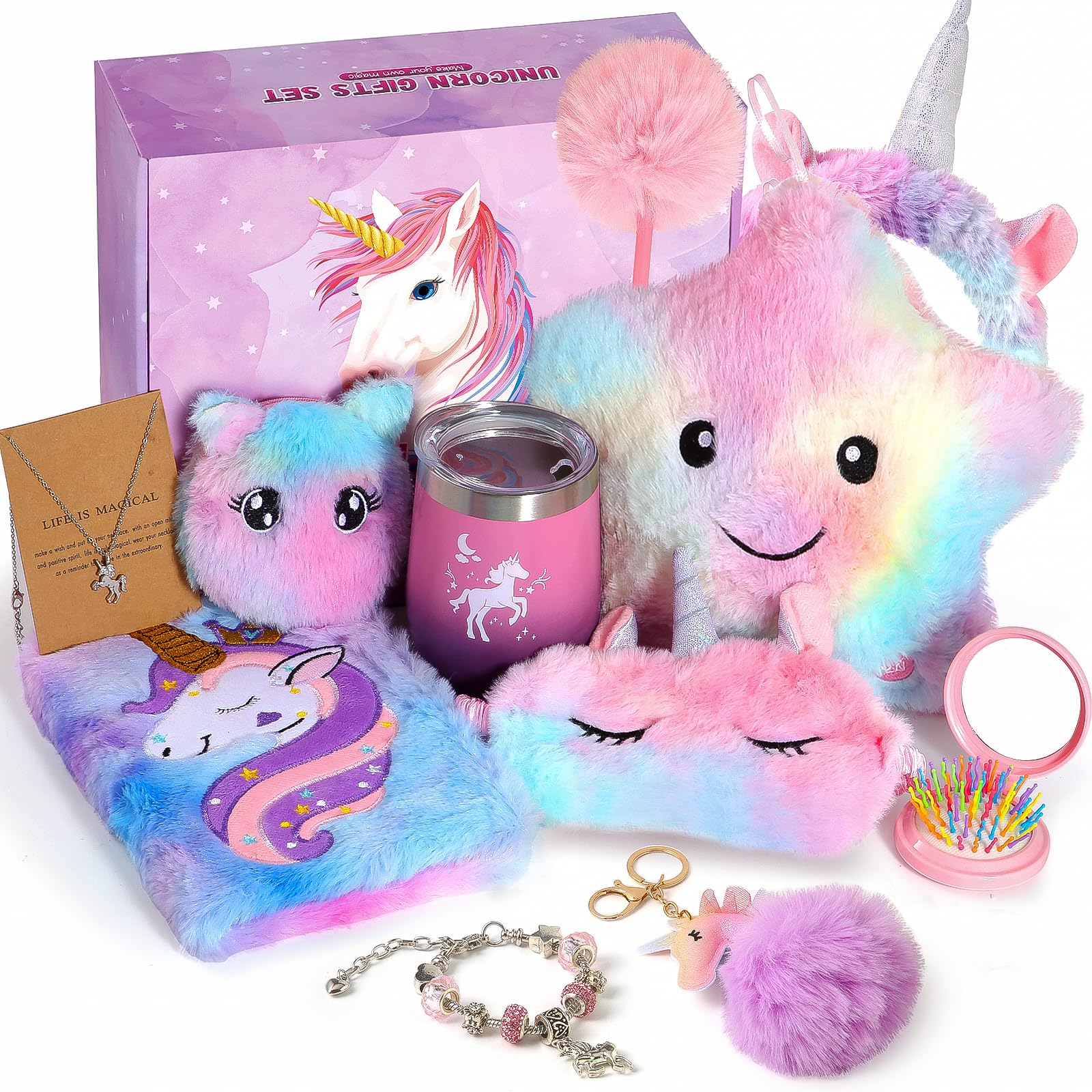 Unicorns Gifts for Girls 5 6 7 8 9 10+ Years Old, Kids Unicorn Toys with Light Up Plush Star Pillow, Diary, Headband, Eye Mask, Water Bottle, Soft Plush Toys Set for Teens Birthday Gifts Christmas