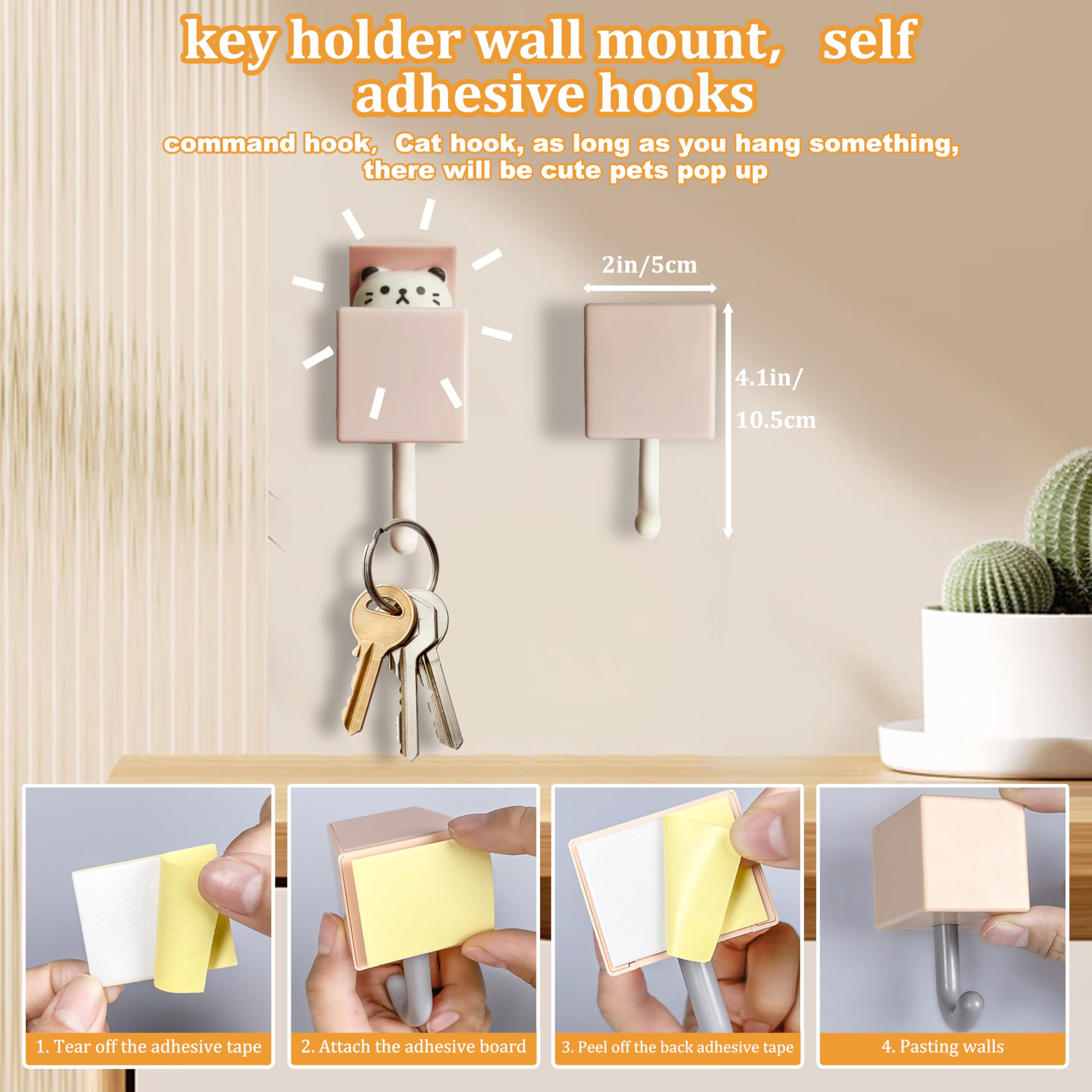 4 Pcs Cute Self Adhesive Hooks for Hanging Heavy Duty Wall Hooks,Utility Cat Hook for Towel,Coat,Hat,Bag,Key Hook for Wall and Door,Creative Pet Decorative Hooks for Living Room,Bathroom,Bedroom