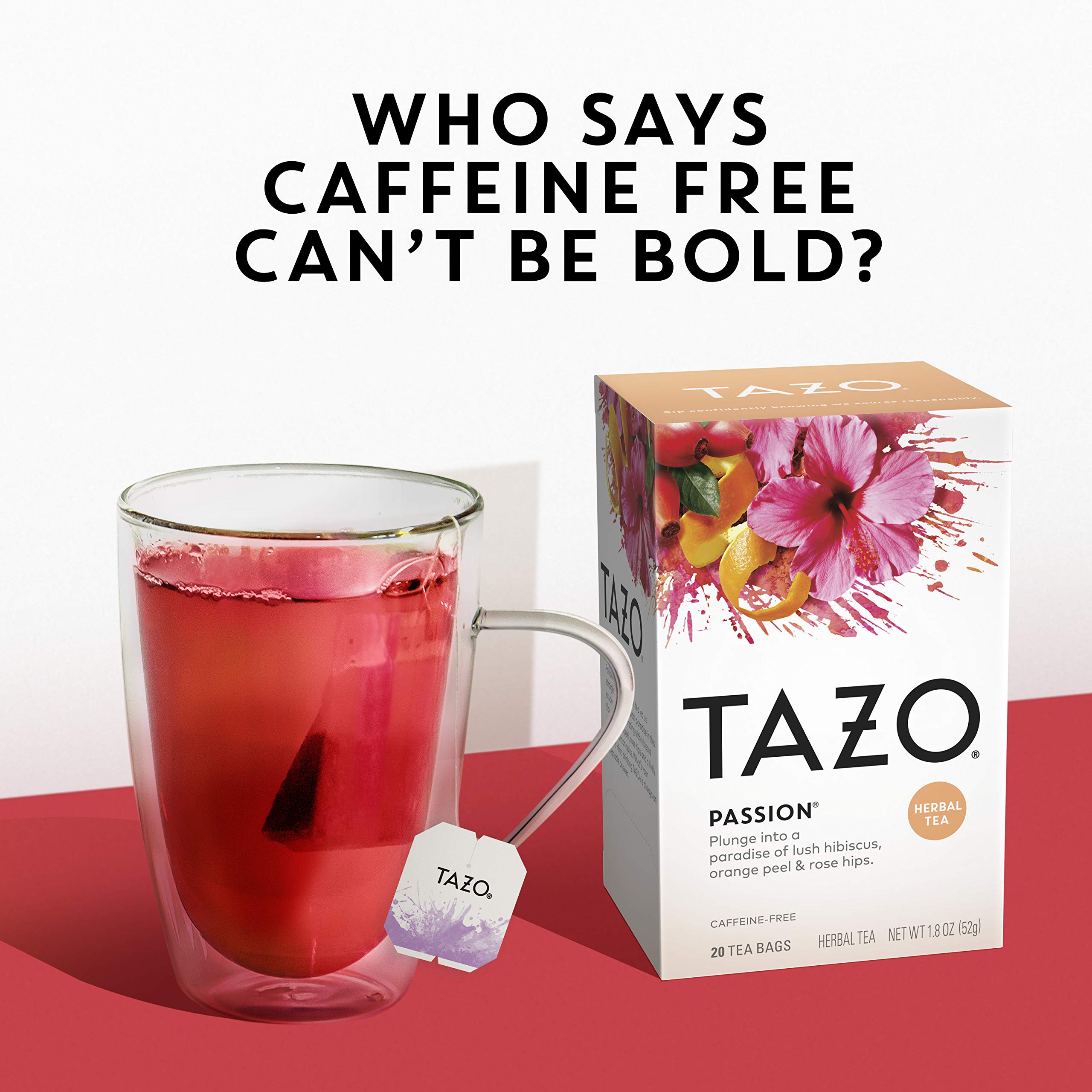 TAZO Passion Herbal Tea Bags, Iced or Hot, Caffeine-Free, 20 Total Tea Bags