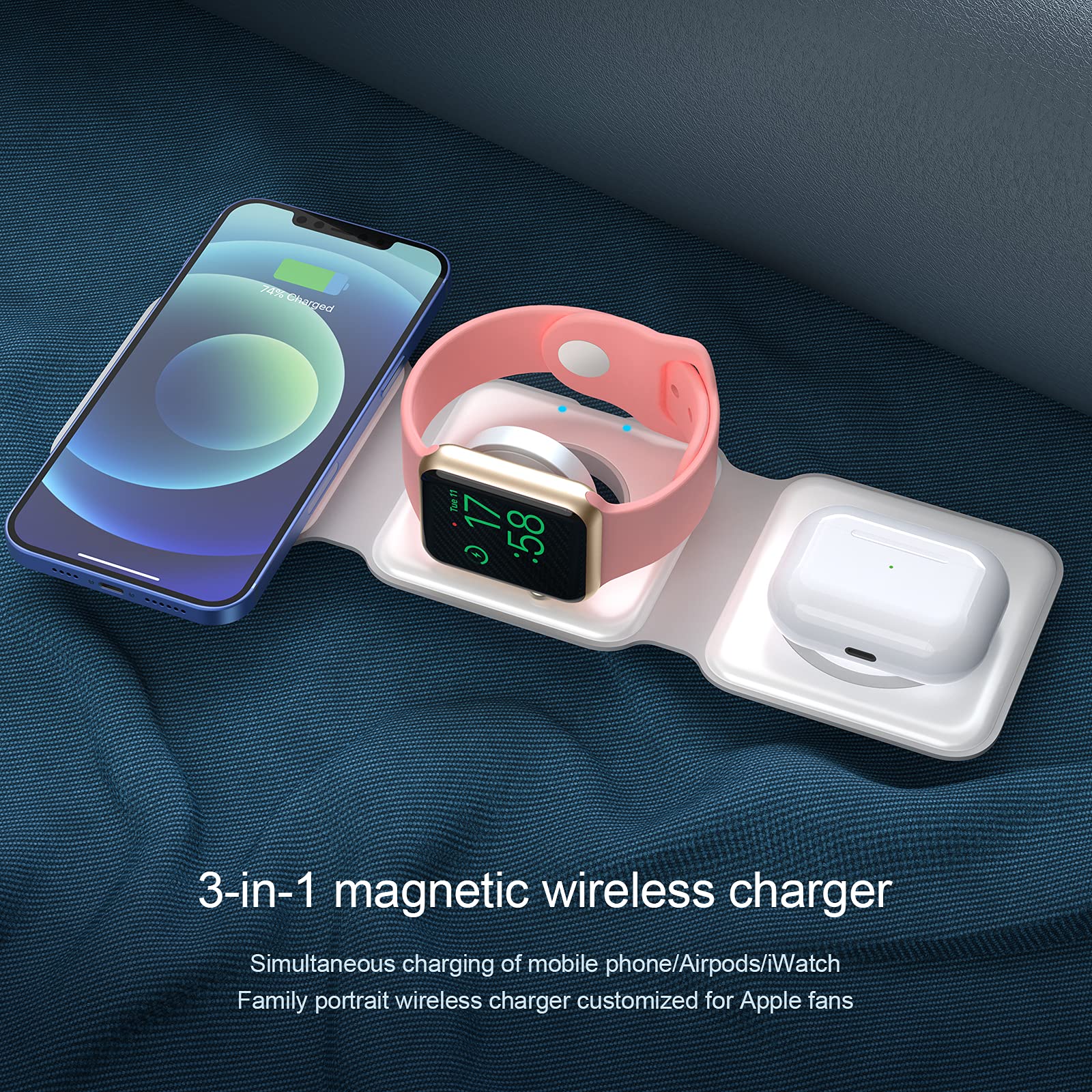 3 in 1 Wireless Charger, IIOZO Magnetic Travel Wireless Charging Station Multiple Devices, 3-in-1 Foldable Wireless Charging Station with 20W USB C Charger for iPhone 15/14/13/12/iWatch/AirPods Pro