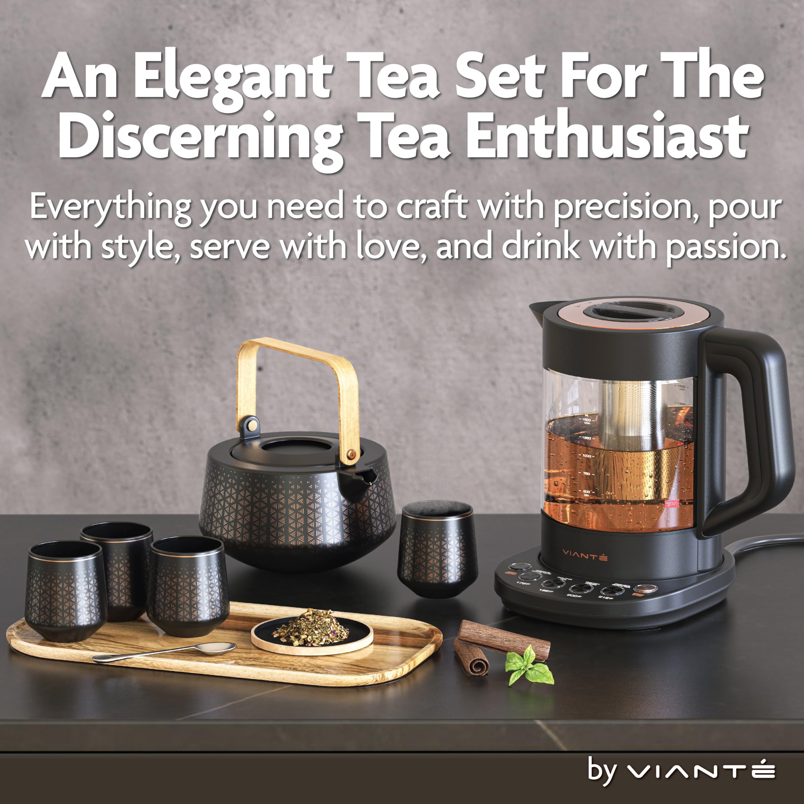 Vianté Luxury Tea Set. Electric Kettle with Tea Infuser for Loose Leaf Tea And Ceramic Serving Set. Tea Pot And Cups Set With Wooden Tray. Excellent Gift Idea For Tea Lovers.