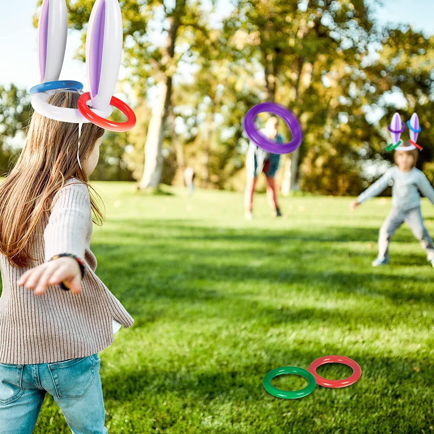 4 Players Easter Outdoor Party Games for Kids and Family - Potato Sack Race Jumping Bags, Legged Relay Race Bands, Egg and Spoon Race and Inflatable Bunny Ring Toss Games - Easter Party Supplies