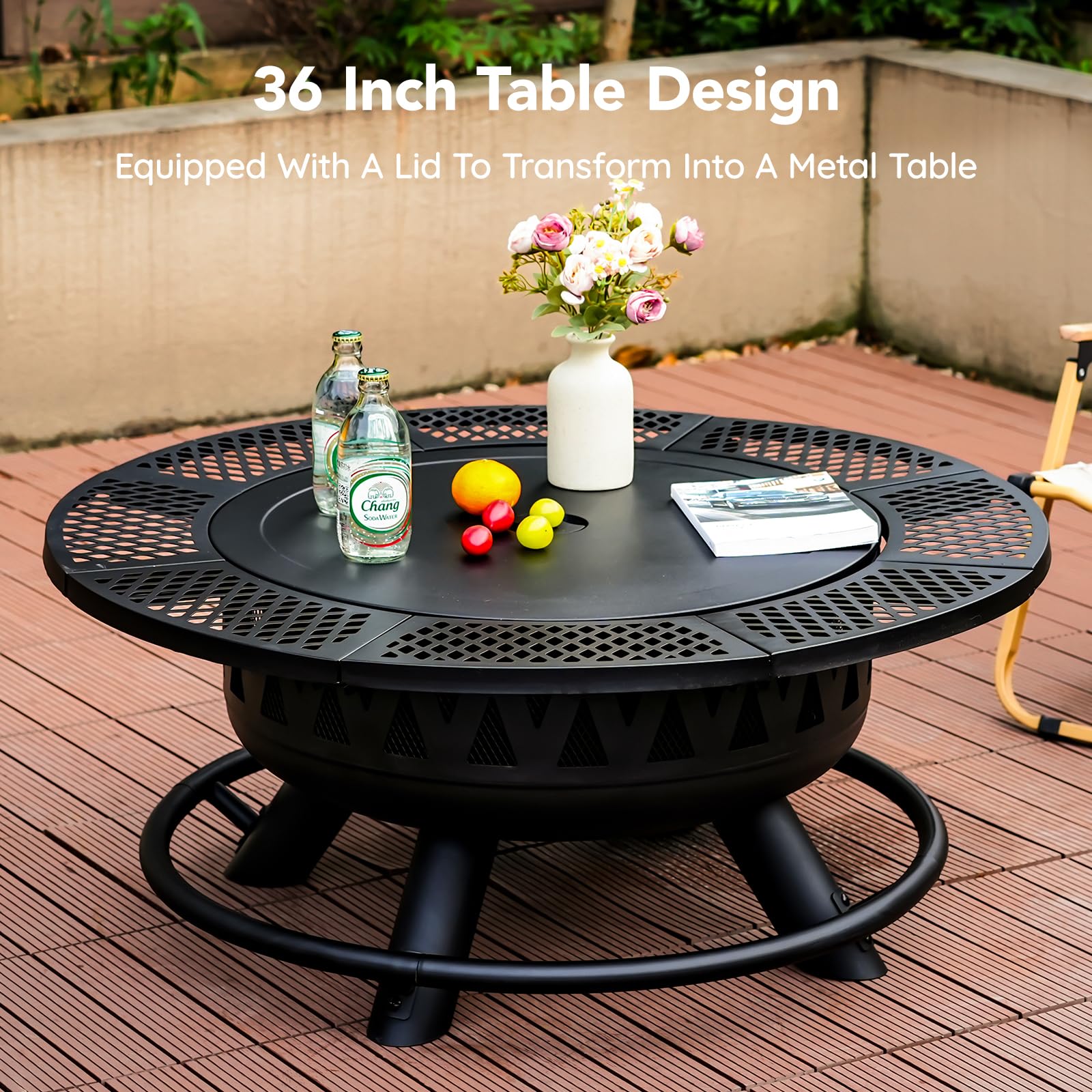 36 Inch Fire Pit with 2 Grills, Large Outdoor Firepits for Outside, Wood Burning Fireplace for Camping,Picnic,Bonfire, 3-in-1 Round Metal Table with Lid for Backyard,Patio,Party