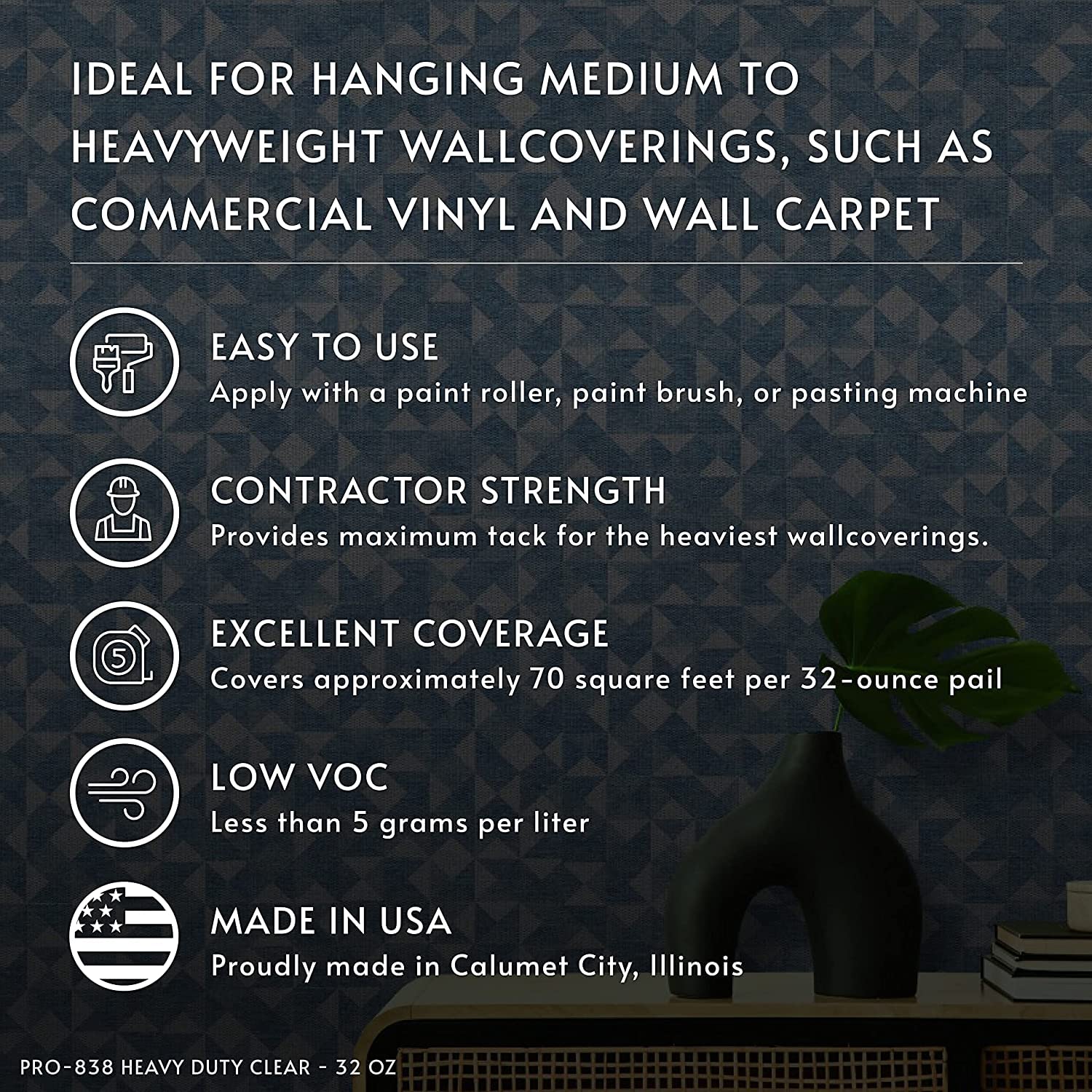 ROMAN Products Heavy Duty Wallpaper Adhesive, Commercial Grade for Heavy Wall Hangings, Clear, PRO-838 (32 Ounce - 70 sq. ft.), 11314