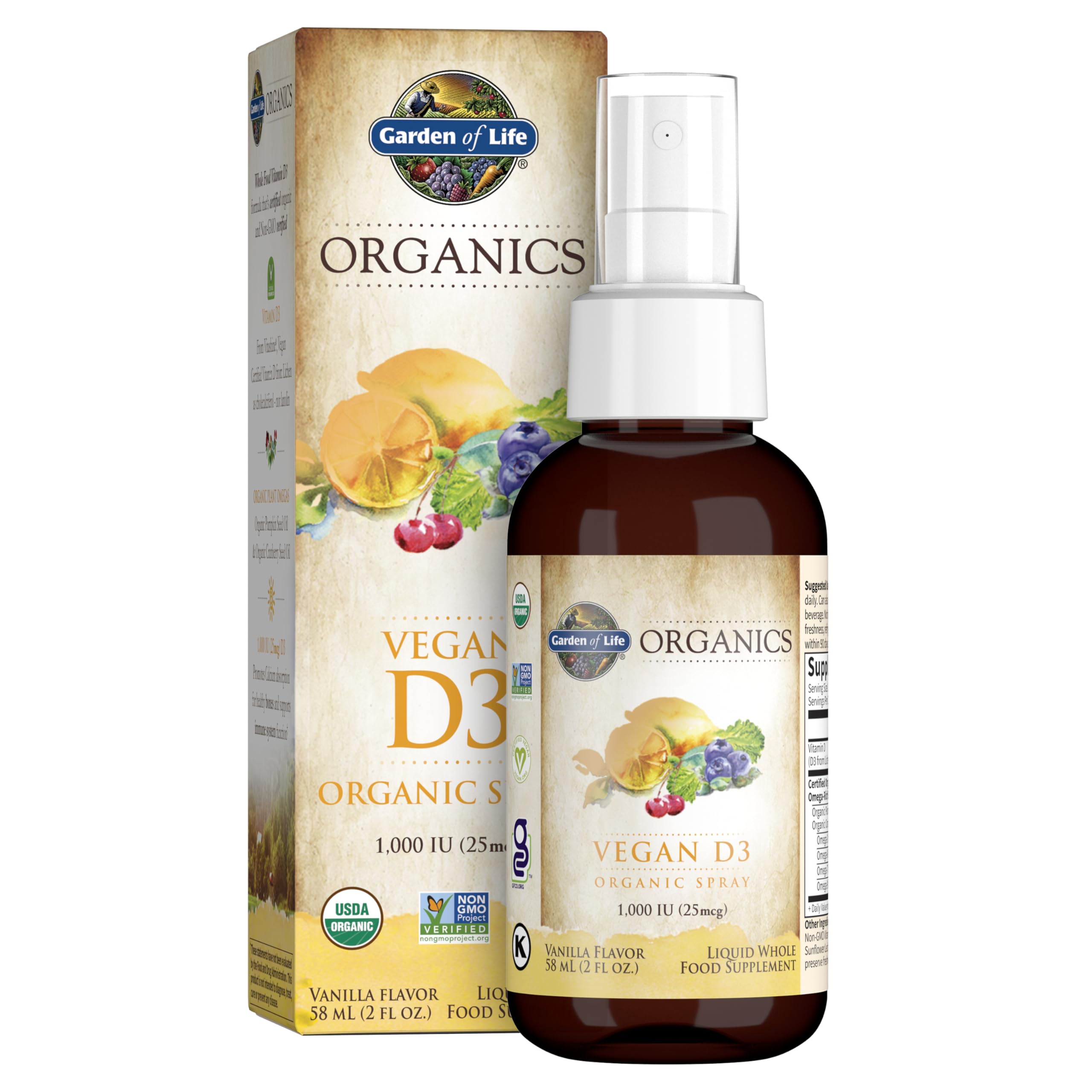 Garden of Life Organics Vegan Vitamin D3 for Women and Men, Liquid 1000 IU Per Spray, D3 Plus Omegas - Vanilla Flavor - 125 Servings - 2fl oz Liquid Whole Food D3 Vitamin Supplement