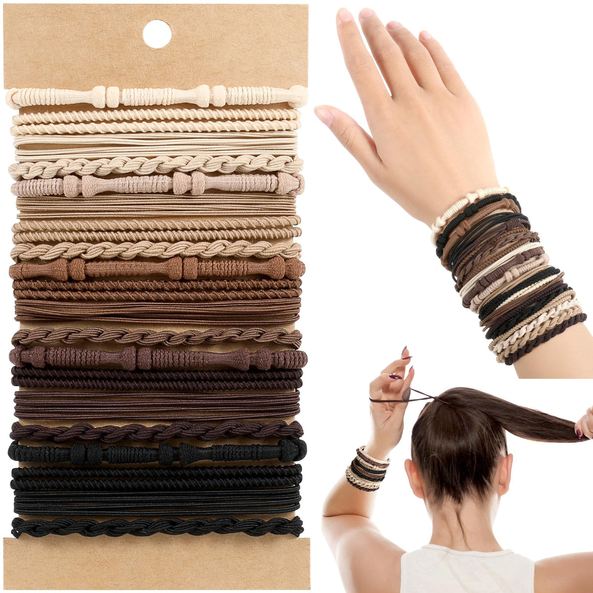 OHCISP Boho Hair Ties, 20 PCS of 4 Styles Cute Hair Bands for Thick or Thin Hair,No Damage Hair Tie Bracelets,Brown Elastic Hair Accessories for Girls and Women