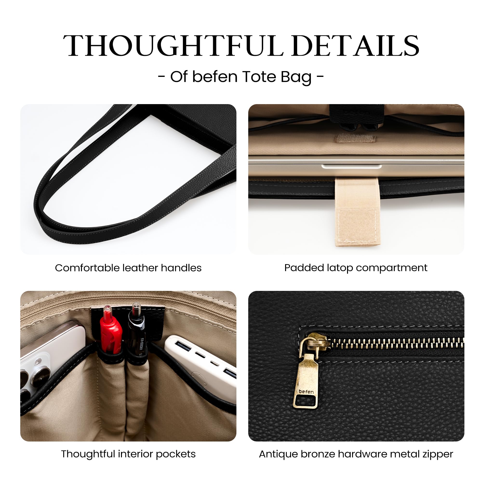 befen Black Leather Shoulder Purse for Women, Women's Work Travel Tote Bags Large Capacity Handbag, Lightweight Satchel for Women Trendy
