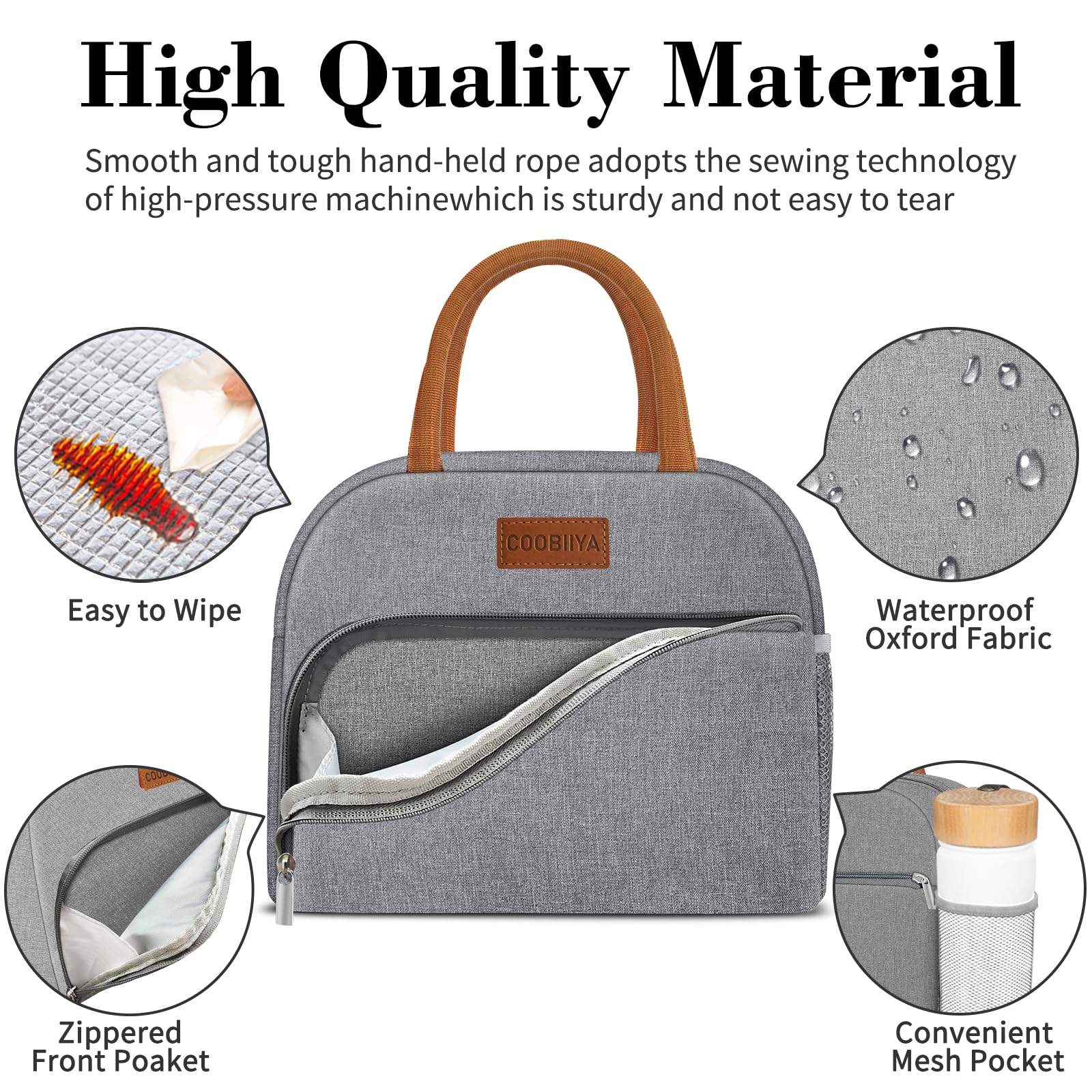 Coobiiya Lunch box for Women/Men/Adult, Lunch Box Lunch Bag Women, Small Leakproof Cute Lunch Tote Large Capacity Reusable Insulated Cooler Lunch Container for Work/Office/Picnic/Beach-Grey