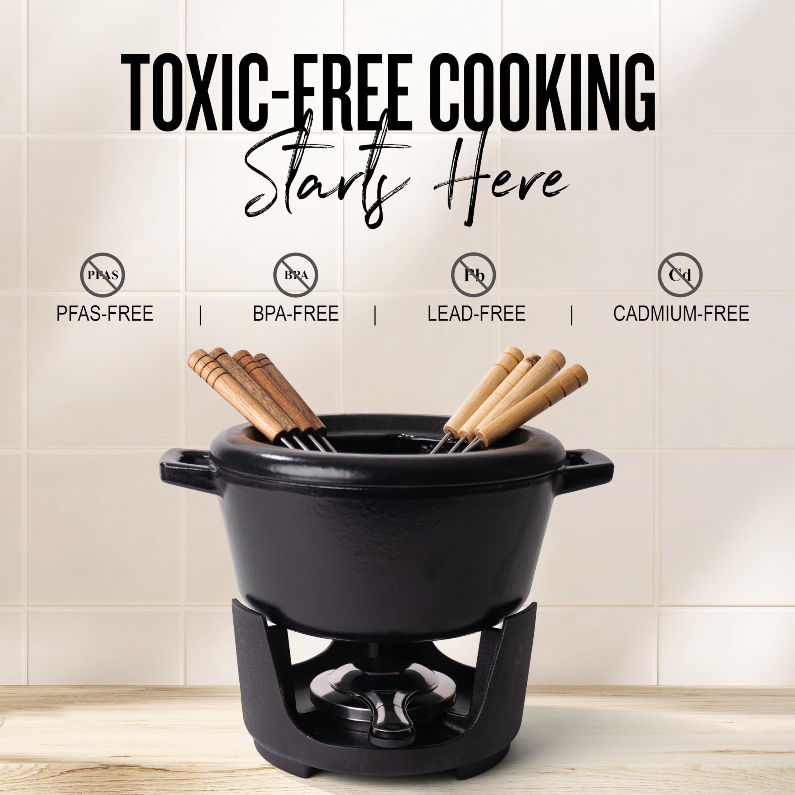 Alva Nori Cast Iron 2-Qt Fondue Pot Set – Made With No PTFE/PFOA/PFAS, Oven Safe – Works on Induction – 3-Layer Enamel, Easy to Clean, No Seasoning Needed – Includes 8 Forks, Burner & Stand