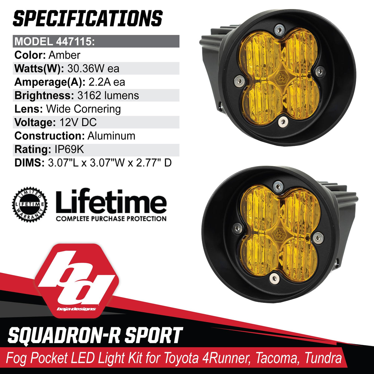 Baja Designs Squadron-R Sport LED Fog Light Kit for Toyota Tacoma 2012-24, Tundra 2014-24, 4Runner 2010-24, Set of 2 LED Lights (Wide Cornering Lens, Amber)