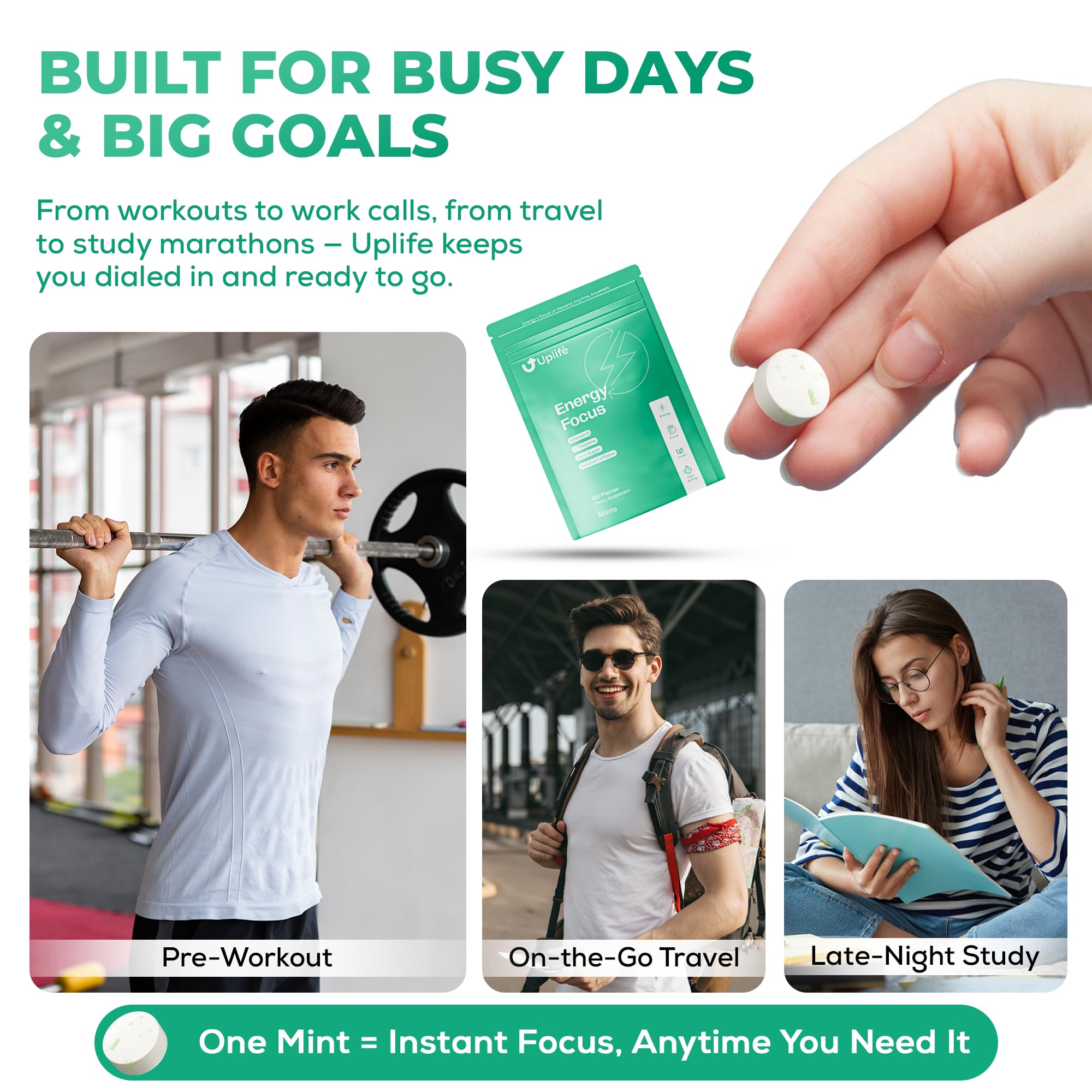 UPLIFE Energy Mints (120 Pieces) – Fast-Acting 40 mg Caffeine Gum with 80 mg L-Theanine & B12 – Sugar-Free & 100% Vegan – Caffeine Mints for Natural Energy Boost & Freshness