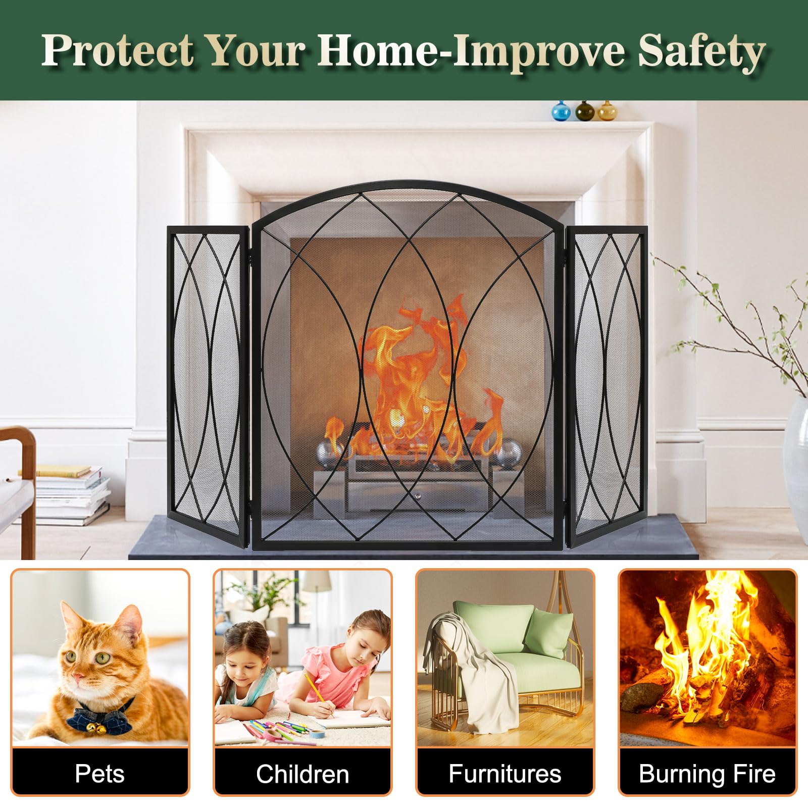 FEED GARDEN 3 Panel Fireplace Screen 48" W x 29.5" H Modern Foldable with Wrought Metal Decorative Mesh,Arch Heavy Duty Fire Spark Guard Cover for Home Decor Indoor, Black