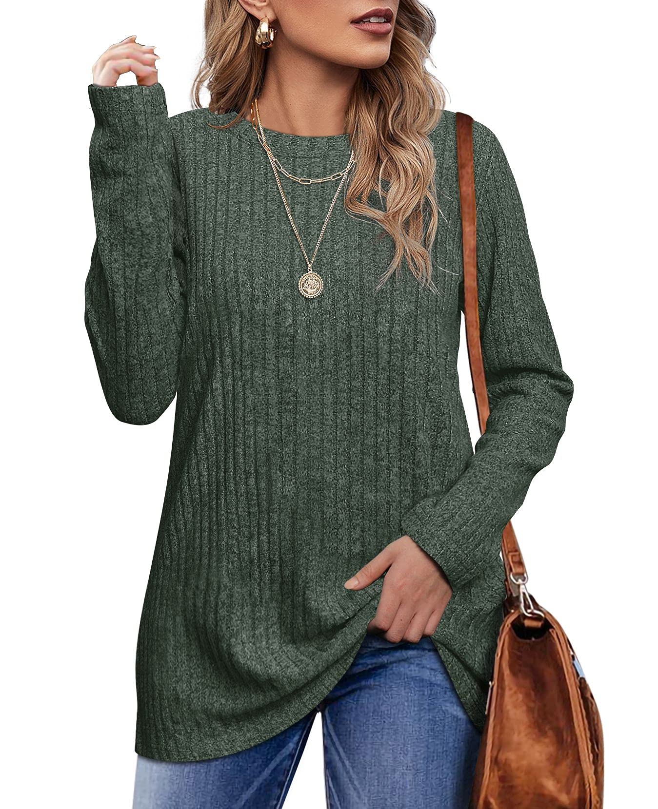 OFEEFAN Fall Sweaters for Women Trendy Long Sleeve T Shirts for Women Cute Green M