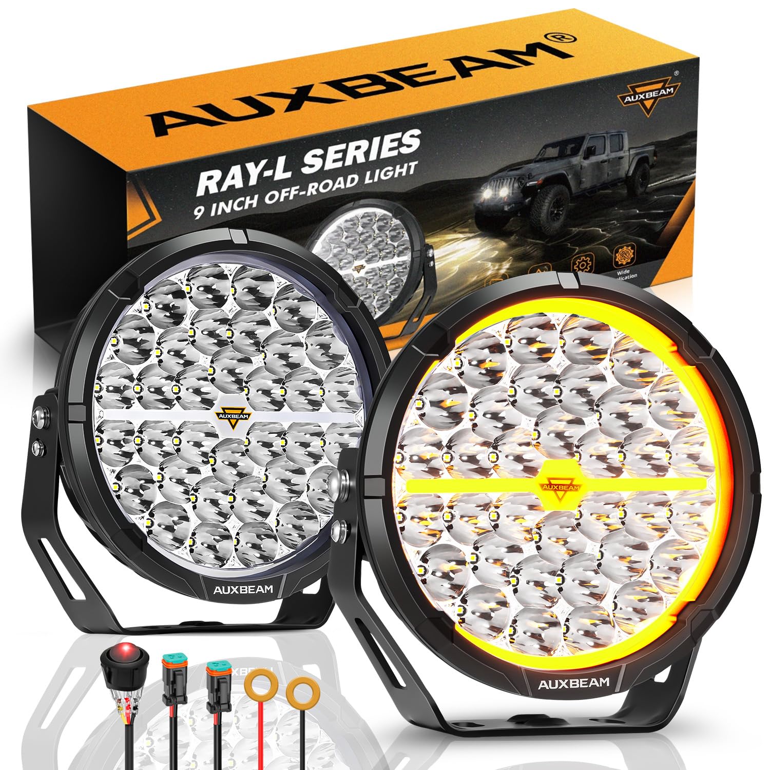 Auxbeam RAY-L Series 9 Inch LED Off-Road Lights, Amber White DRL 3 Modes, 318W 34180LM Round Offroad Lighting, Spot Beam Automotive Light Bar, for 4x4 Truck SUV ATV UTV, Pair