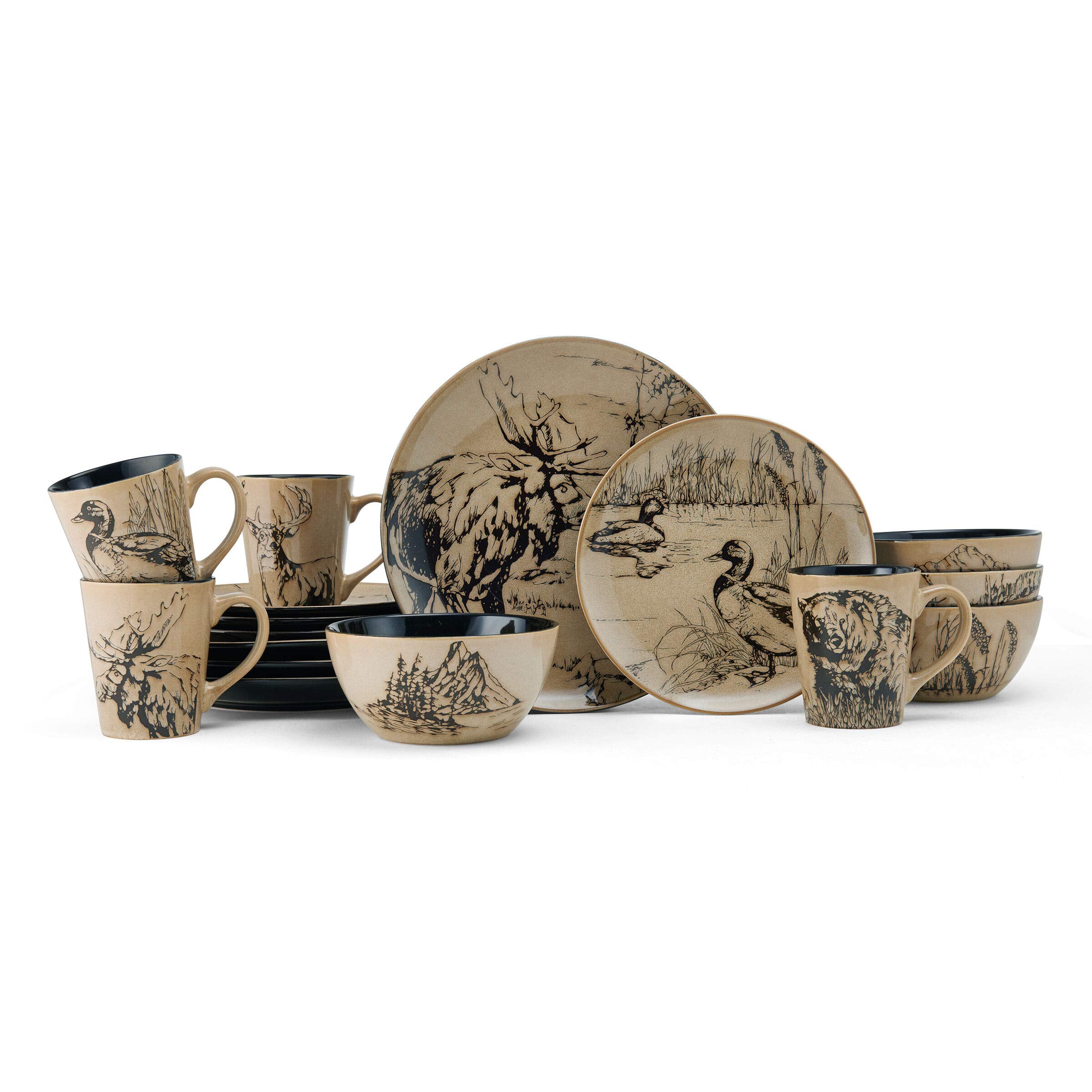 Mossy Oak Animal Print 16 Piece Dinnerware Set, Black and Beige