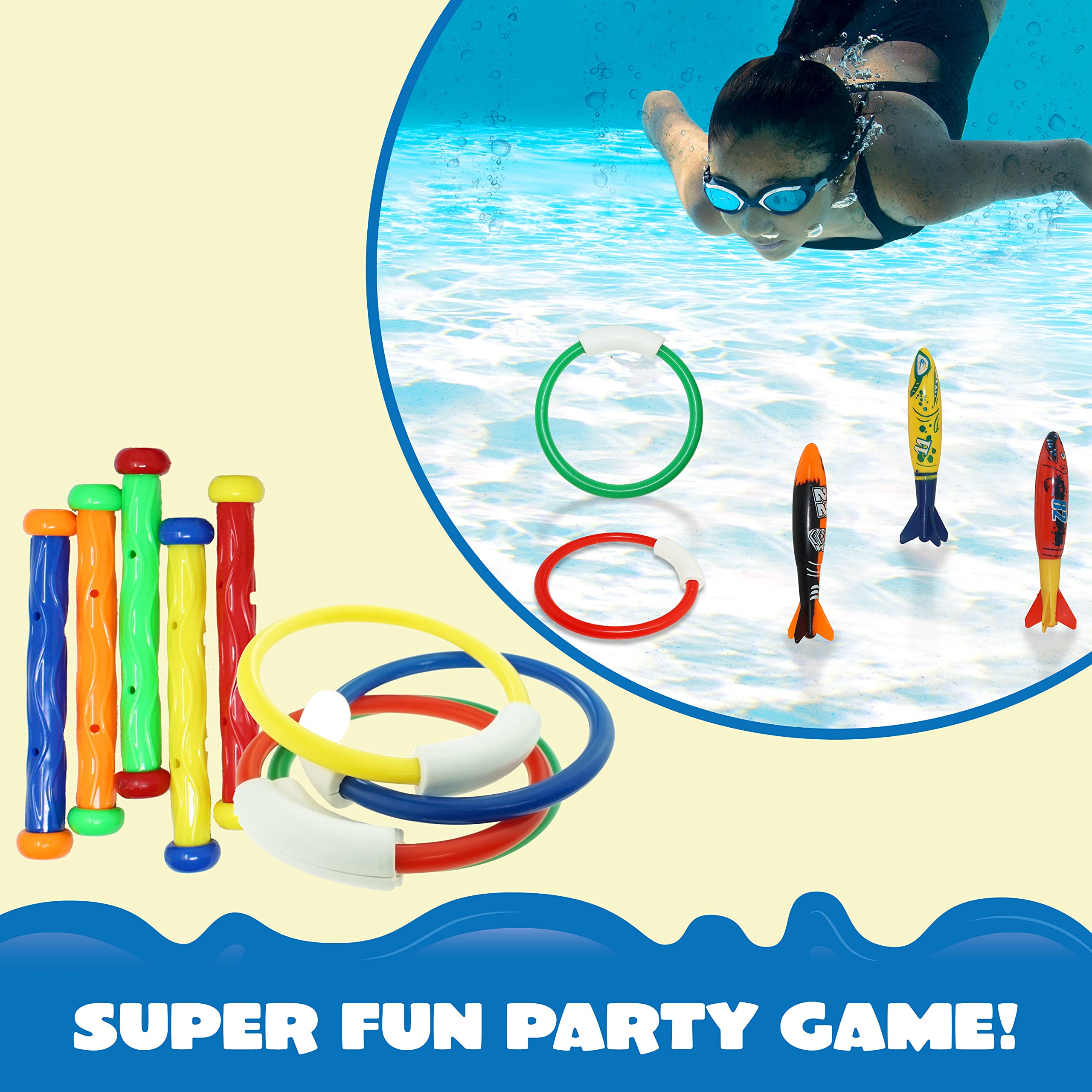 JOYIN 18Pcs Diving Pool Toys for Kids, Swimming Pool Toy with Storage Bag Includes 4 Pool Rings, 4 Diving Sticks, 4 Bandits, 6 Treasures Underwater Swim Pool Games for Ages 8-12