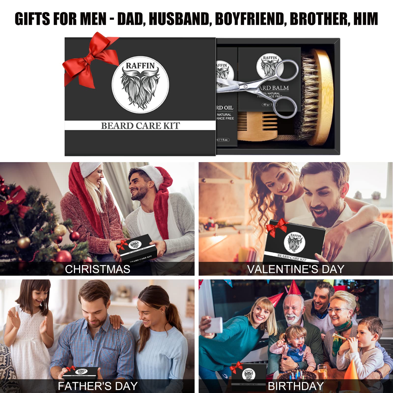 RAFFIN Christmas Gifts for Men, Beard Kit for Men‘s Winter Self-Care, Outfits Men's Grooming Routine, Birthday Gifts for Him, Stocking Stuffers for Adult, Men, Him, Husband, Boyfriend, Son, Dad