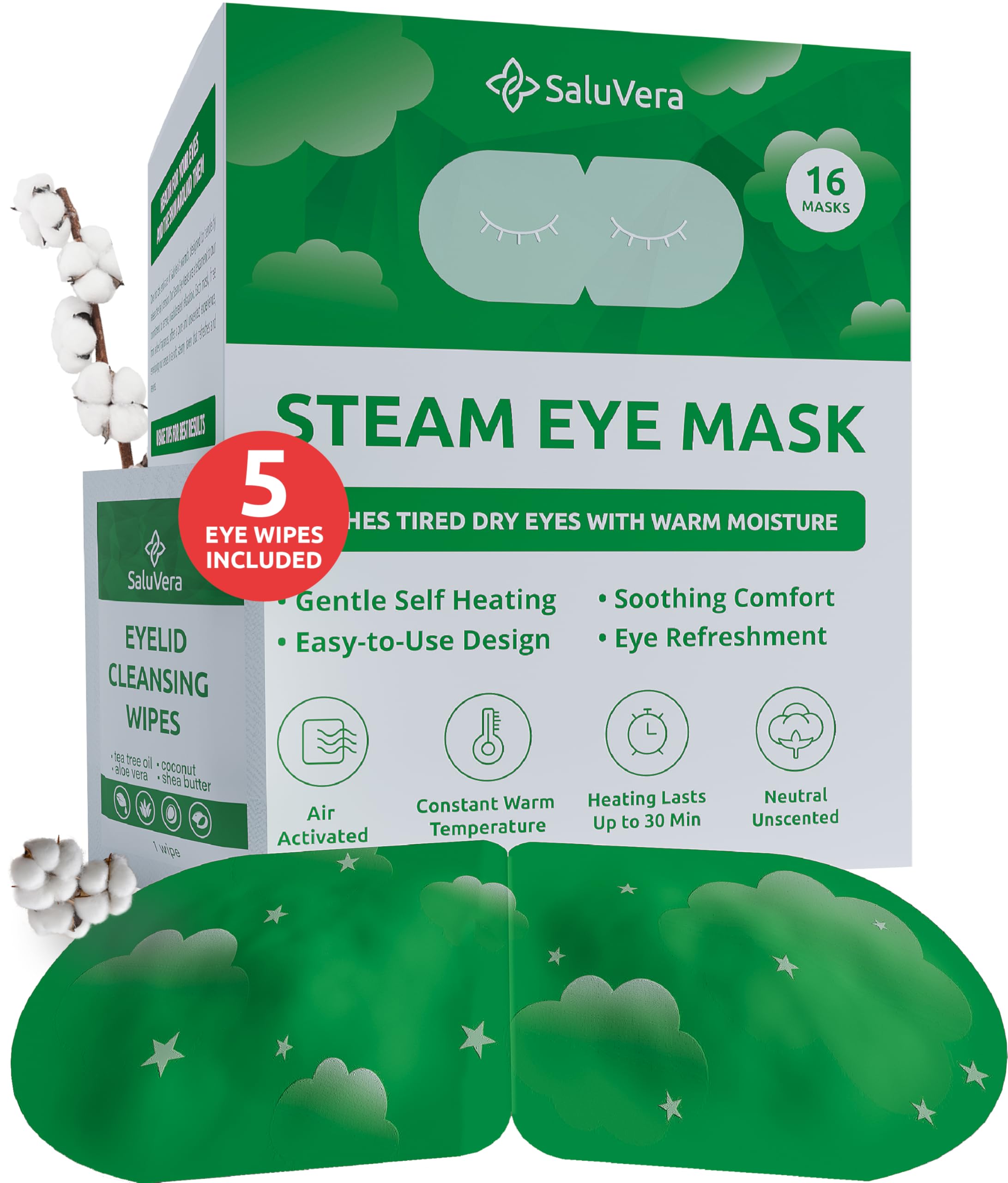 SaluVera Steam Eye Mask for Dry Eyes with 5 Eyelid Cleansing Wipes, Self Heating Eye Compress for Dry Eyes, Soothe and Relax with 40-50 min Spa Eye Mask, Self Warming Eye Masks for Well-Being 16 pcs