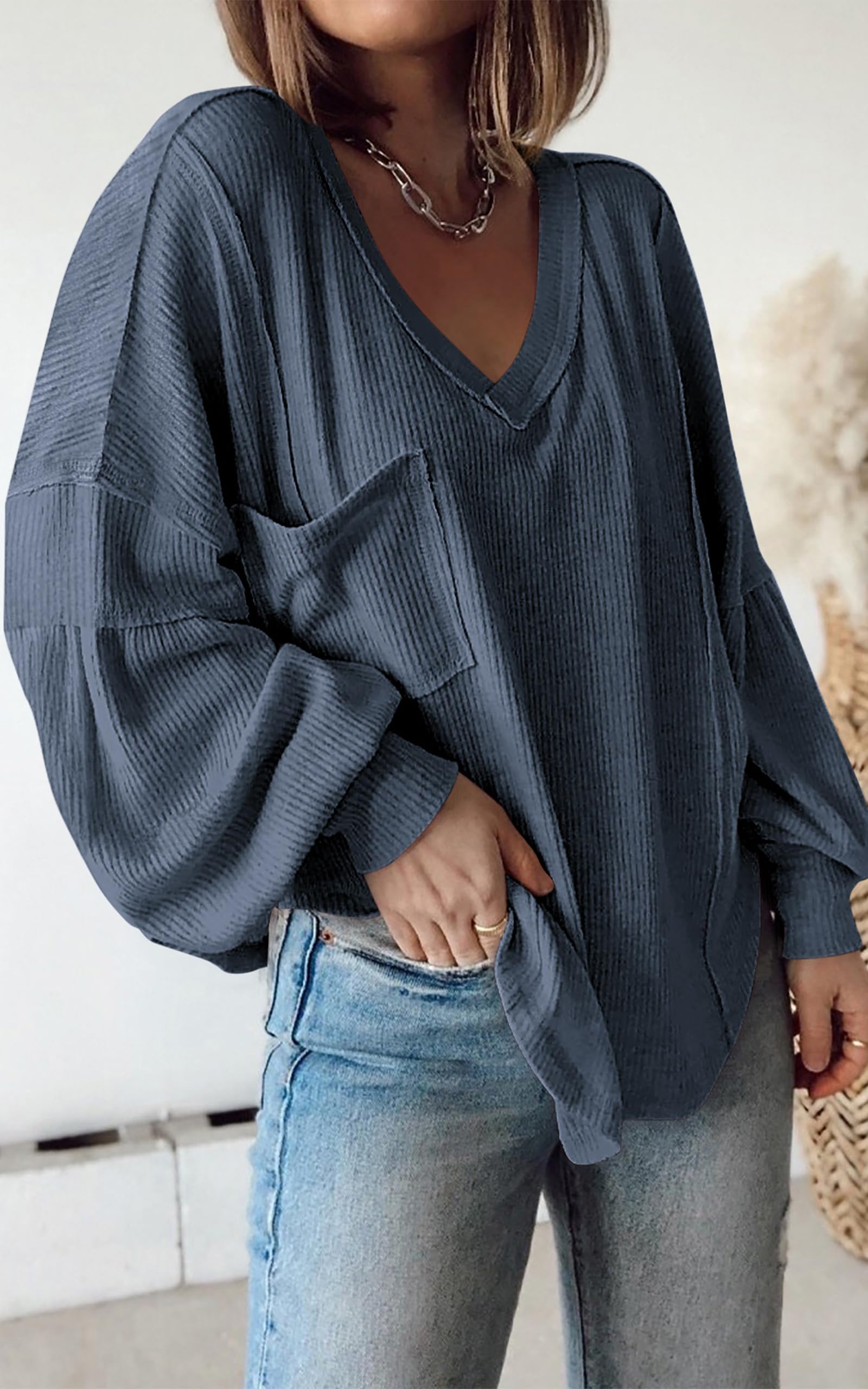 BTFBM Women's Casual V Neck Ribbed Knit Shirts 2024 Fall Pullover Tunic Tops Loose Balloon Long Sleeve Blouses Top(Solid Light Grey Blue, X-Large)