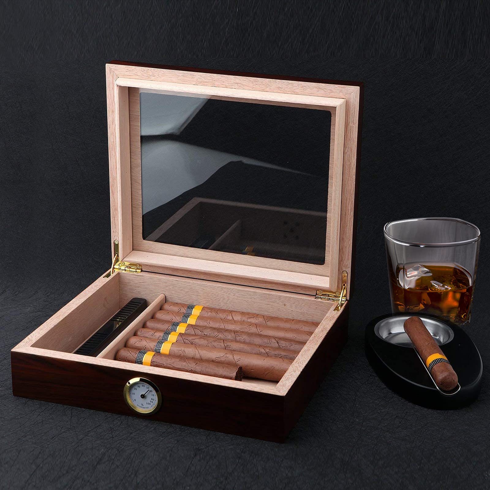 Bald Eagle Handmade Cigar Humidor, Cedar Cigar Desktop Box with Humidifier and Hygrometer, Glass Top for 25 Cigars (20-25 Cigars)