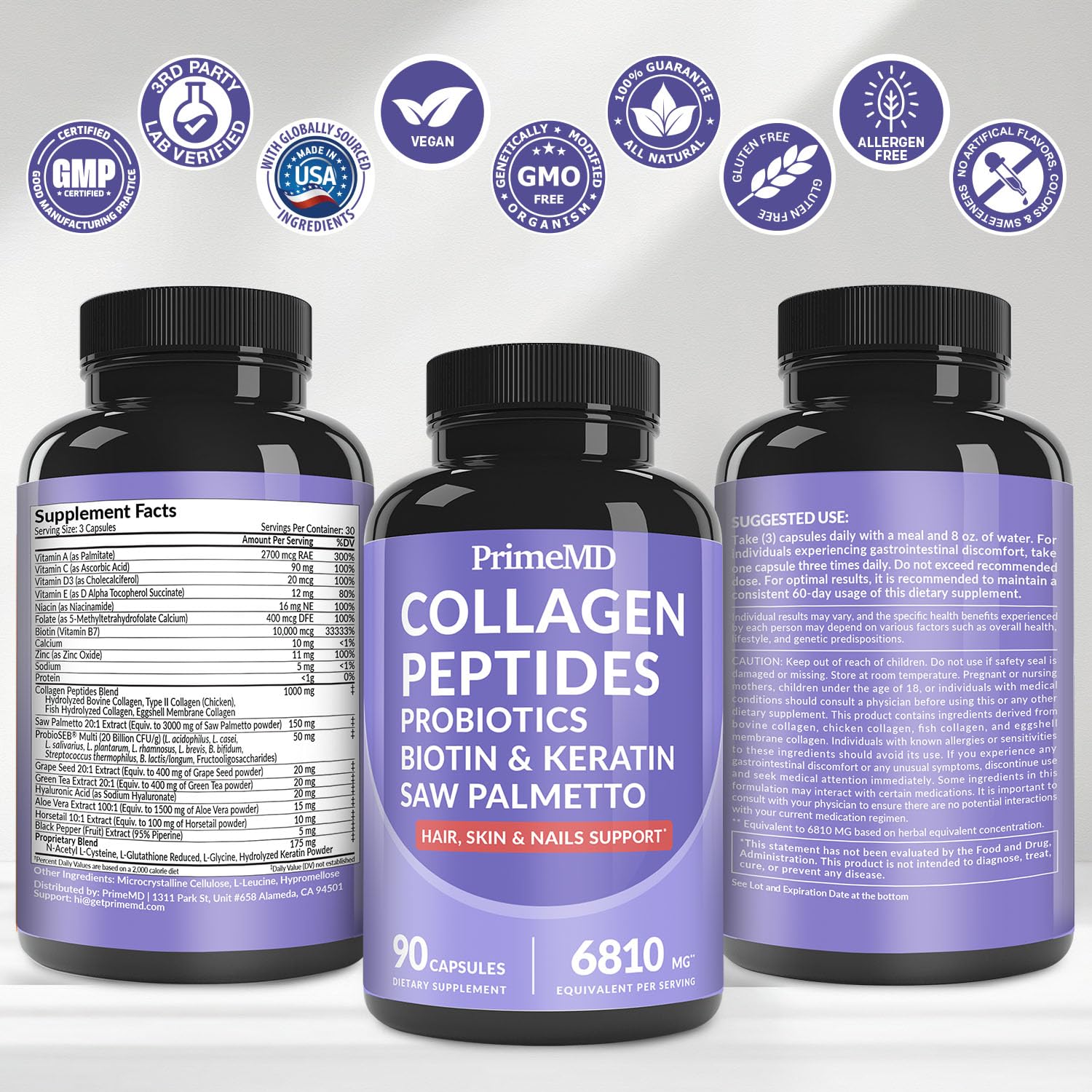 27-in-1 Hair Skin and Nails Vitamins (6810mg) with Biotin 10000mcg - Collagen Supplements for Men and Women - Keratin Supplements with Probiotics and Saw Palmetto, 90ct