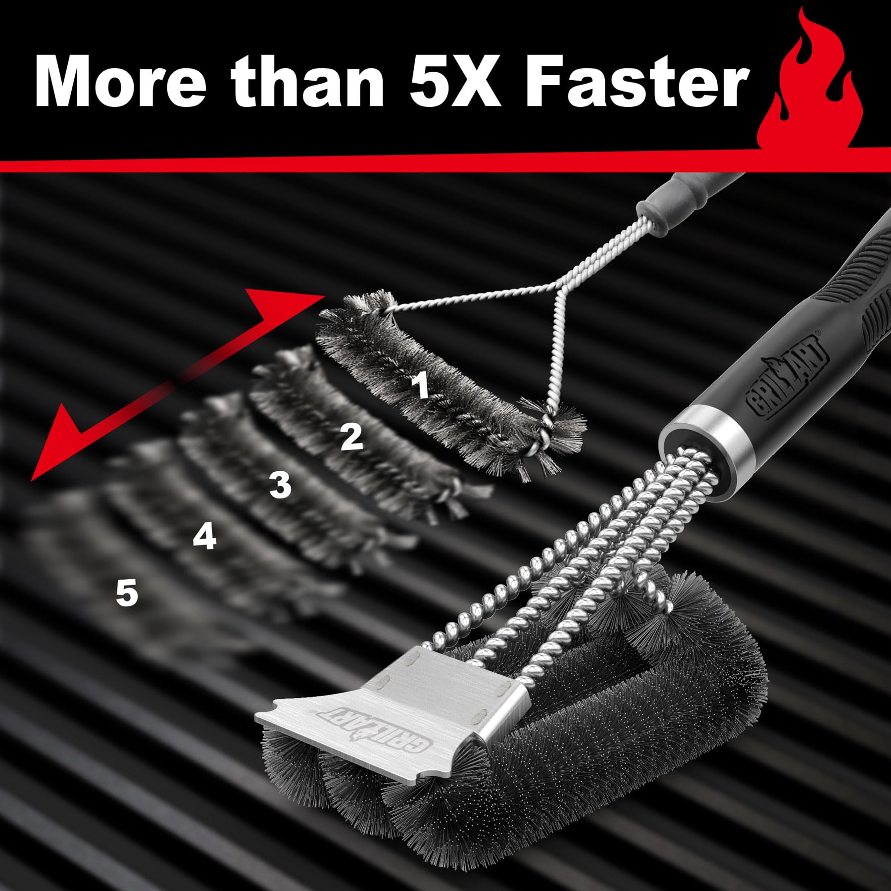 GRILLART Grill Brush and Scraper, Extra Strong BBQ Cleaner Accessories, Safe Wire Bristles 18" Barbecue Triple Scrubbers Cleaning Brush for Gas/Charcoal Grilling Grates, Wizard Tool BR-8115