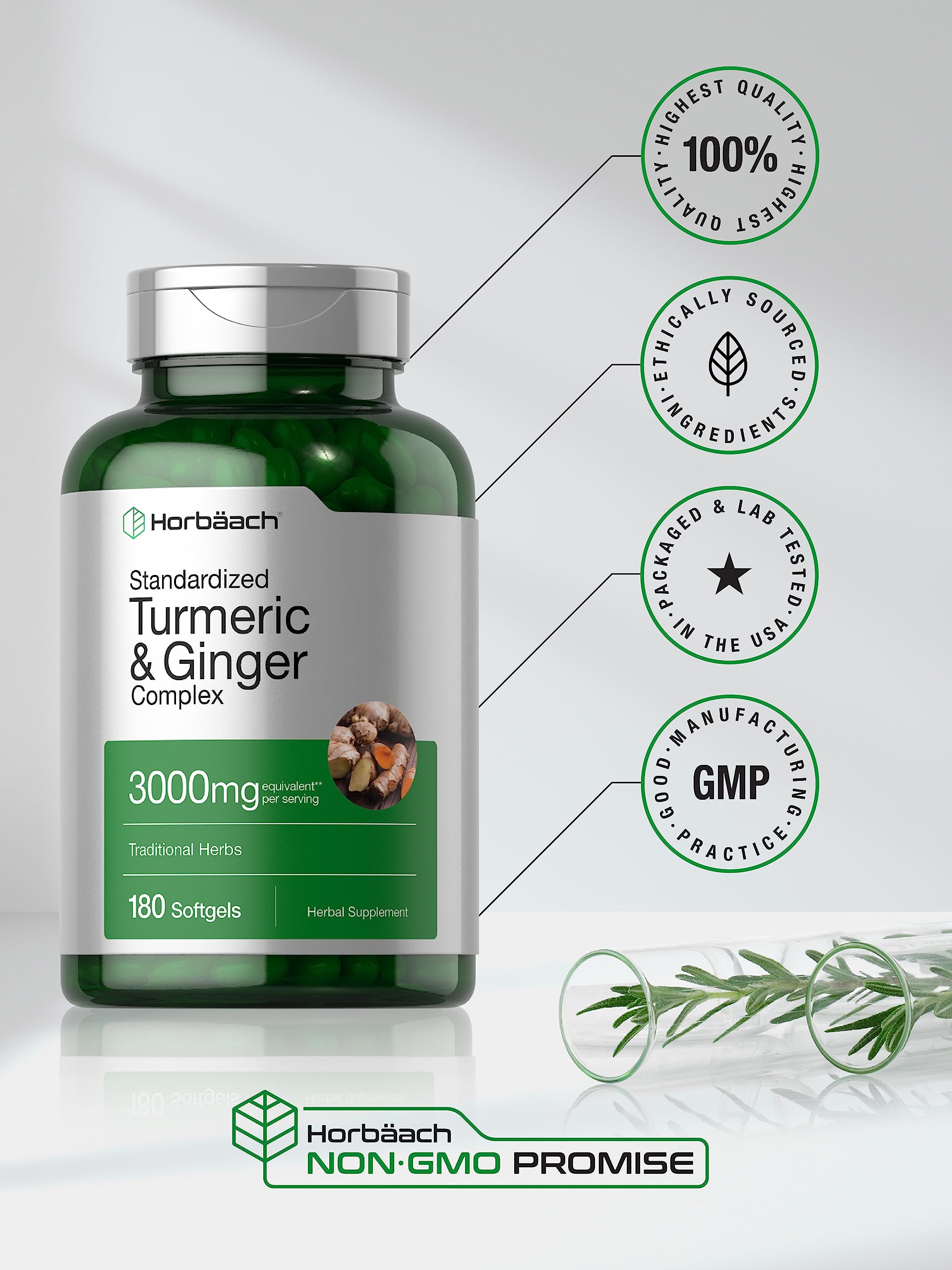 Horbäach Turmeric and Ginger Supplement | 3000 mg 180 Softgel Pills | with Black Pepper Extract | Non-GMO, Gluten Free Supplement